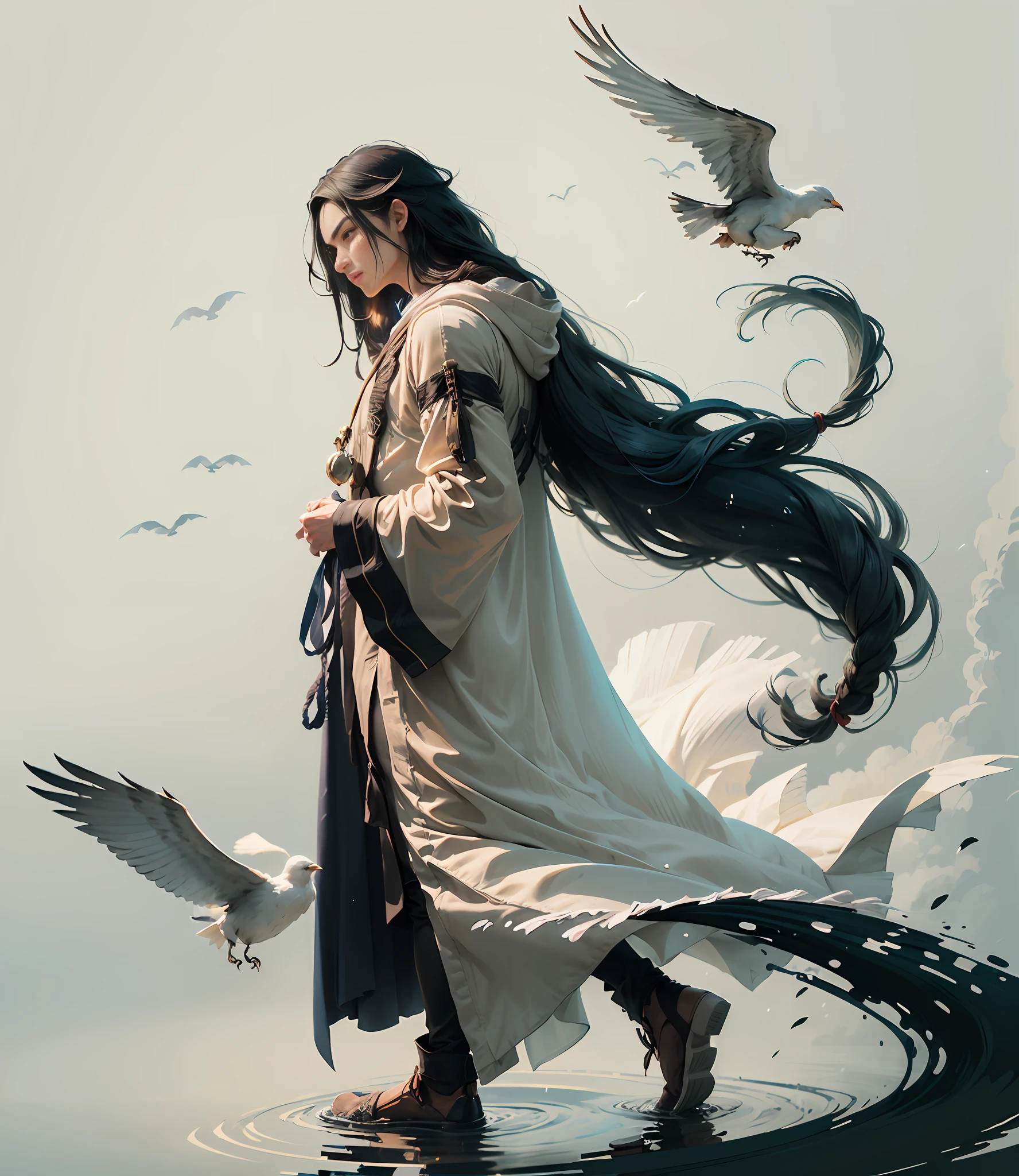 (A boy with long black hair:1.2)，Go beyond ultra-clarity，Sven is extraordinary，Details come first，ink wash style，long and flowing hair，raiden，mont，steins，long white robe，Slender body，eyes with brightness，water flowing，Flying birds，Long hair tied up，blue color eyes