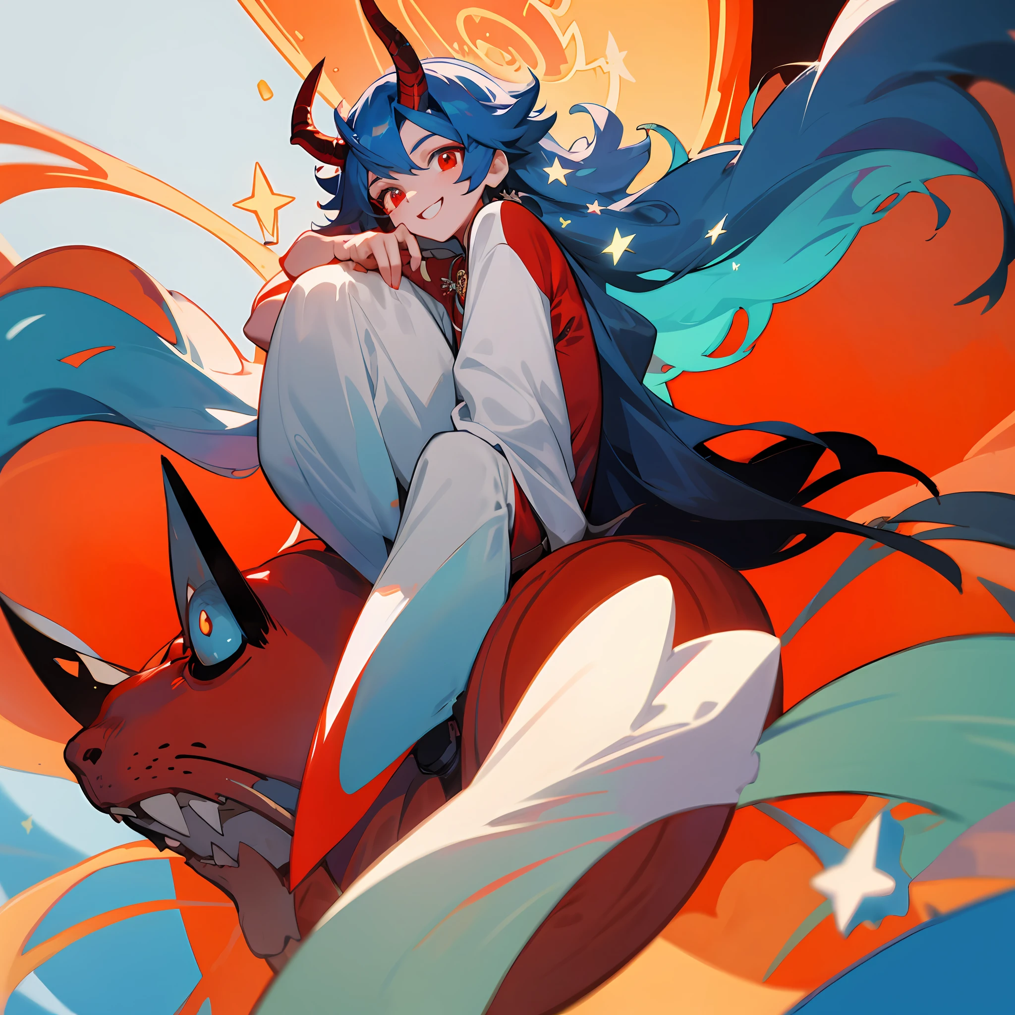 Asia face,A boy sits on top of a star,On the head is a red demon horn,Blue long hair,Red eyes,cheerfulness,fantasy,rainbowing,natta,Colorful,As estrelas