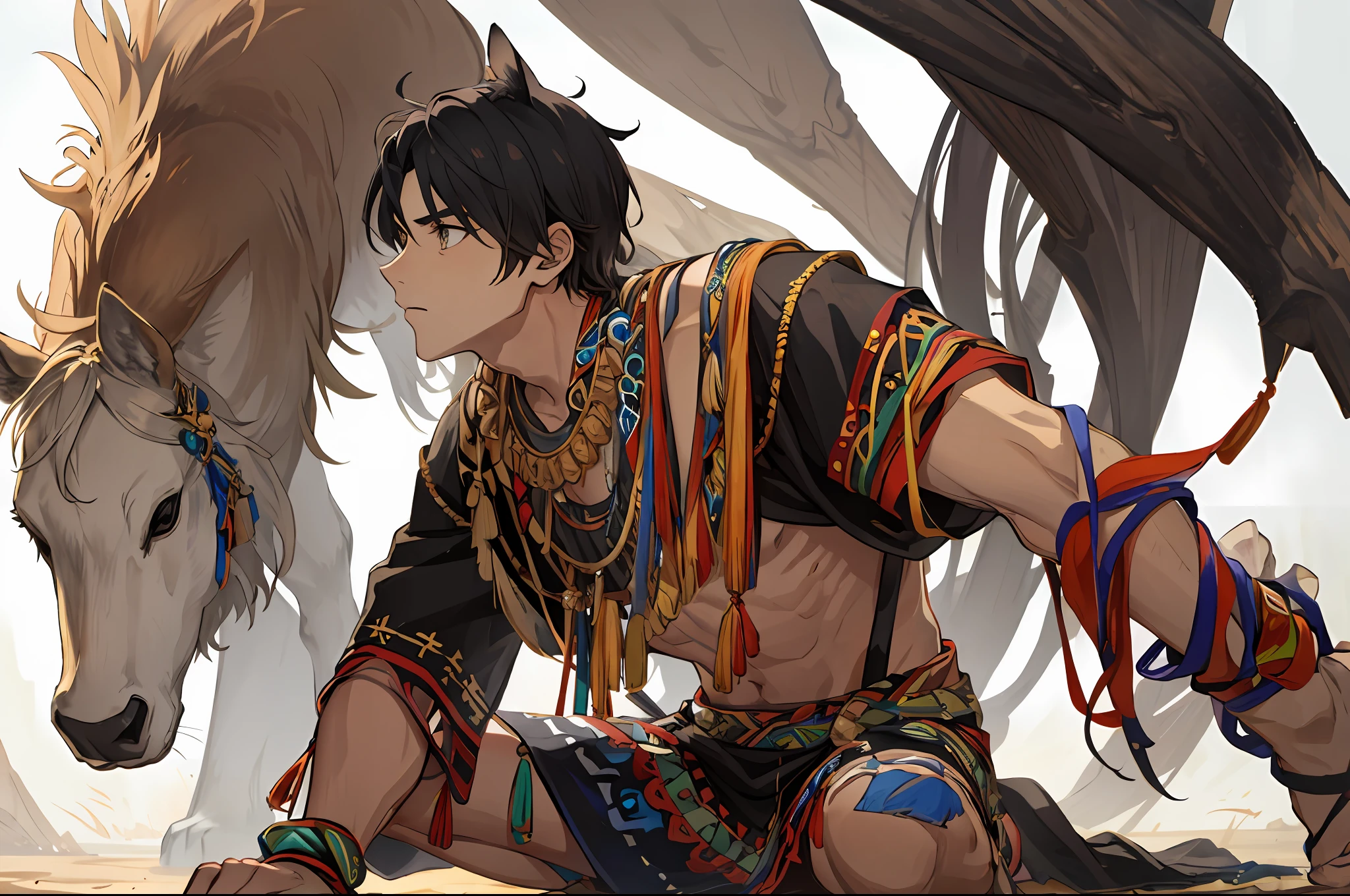 Primitive tribal teenager,nakeness,Animal skin skirt,male people,solo person