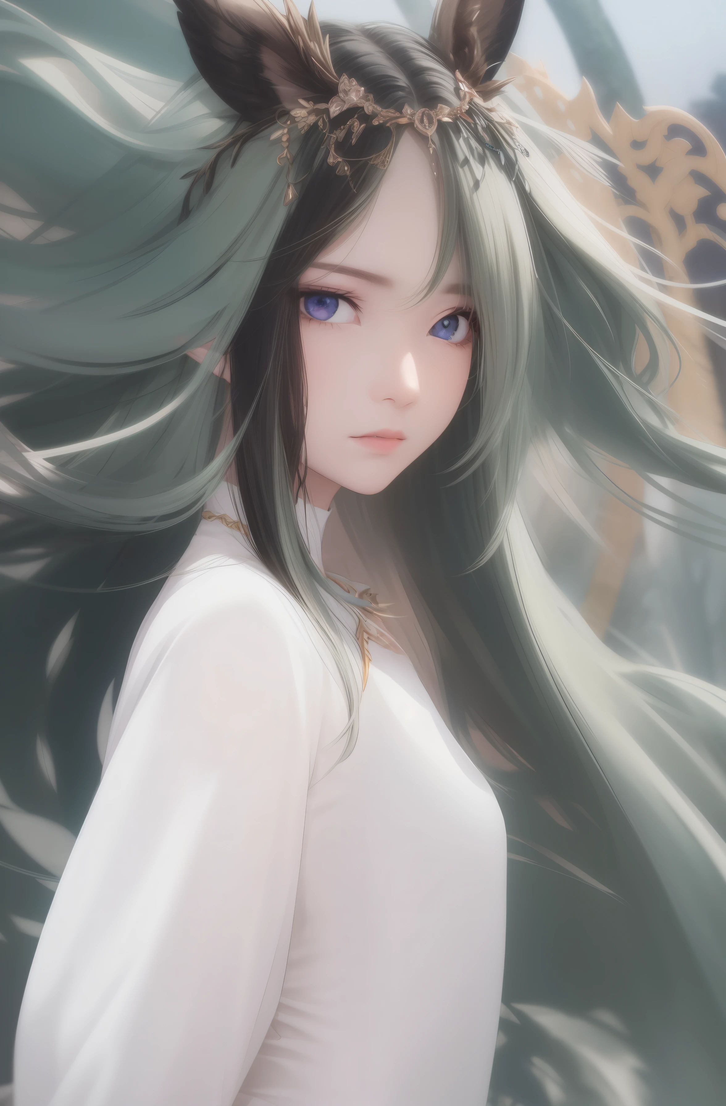 long ear，blueneyes，the elf，long whitr hair，年轻，a beauty girl ，brunette color hair，beast ear，rays of sunshine  ， ln the forest，Dress revealingly，ellegance