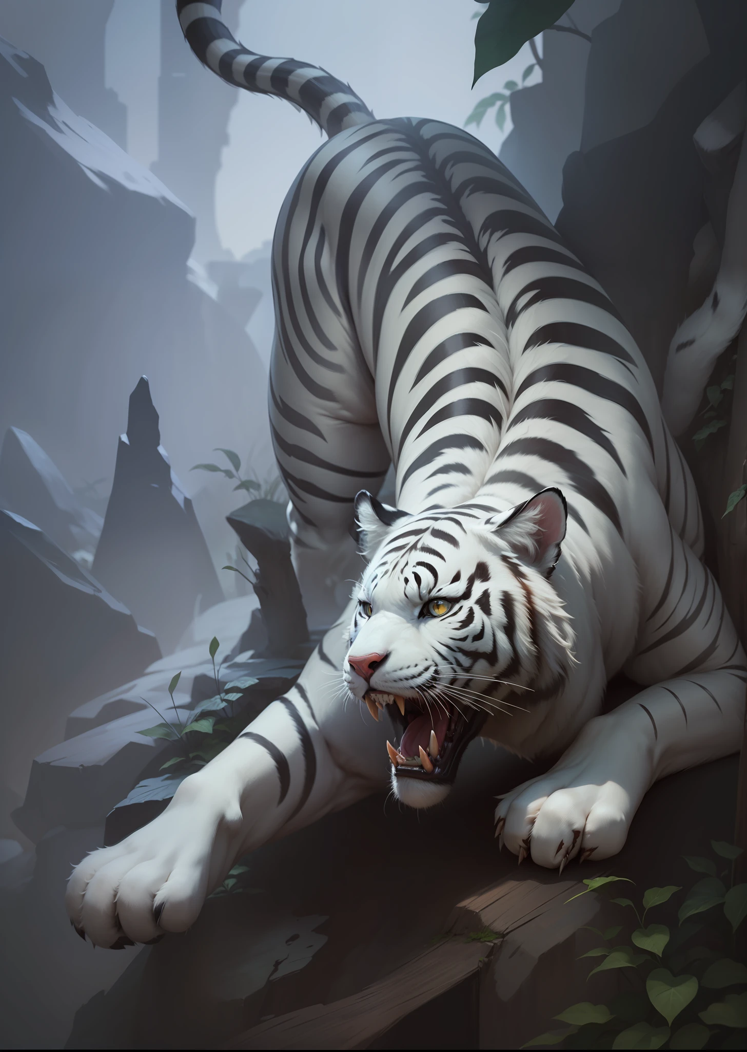 tmasterpiece，red color eyes，China-style，buck teeth，the white tiger，The stripes on the body changed to red