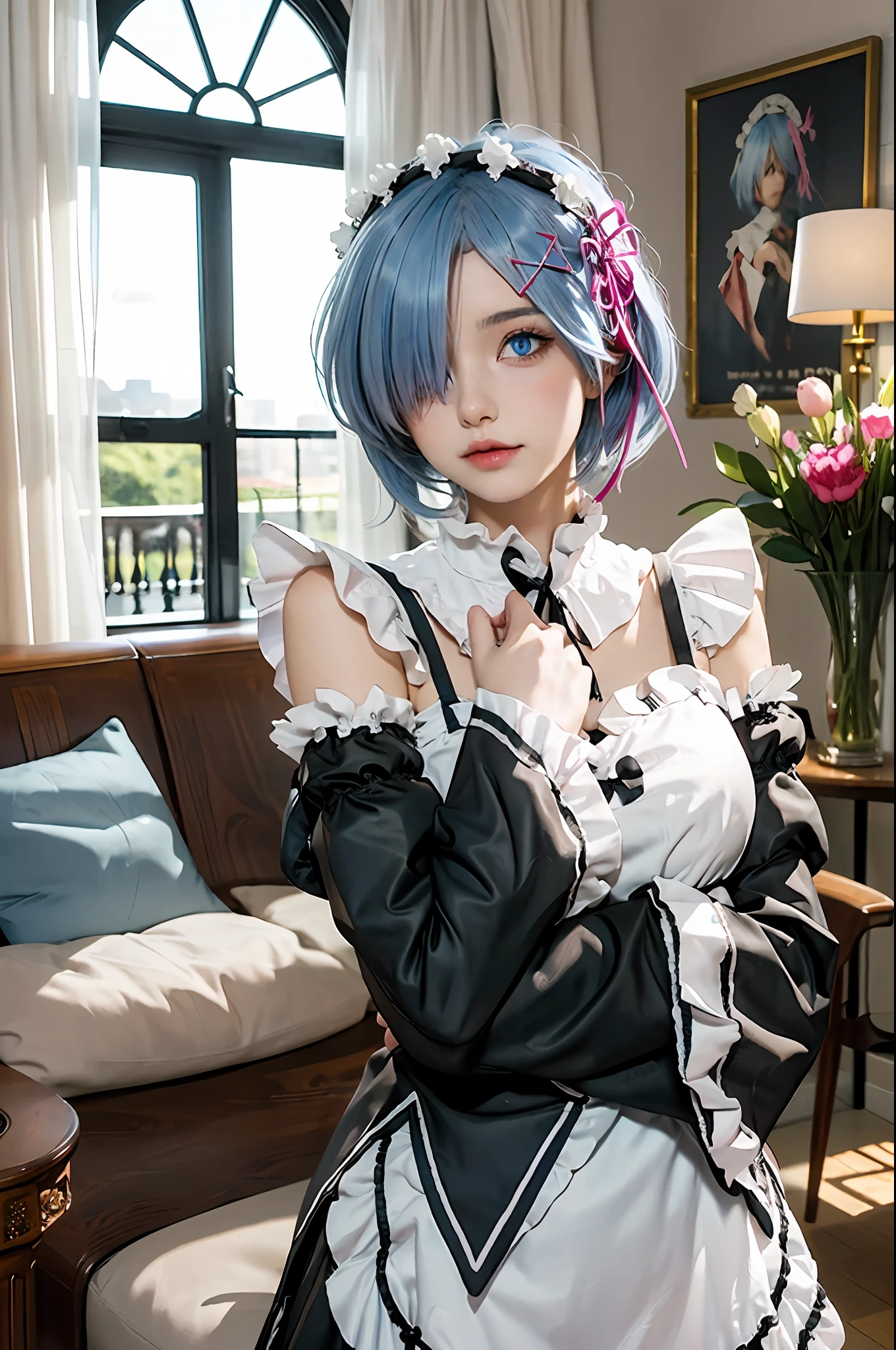 R_E_M, 1girl,(beautiful face:1.25) short blue hair, blue eyes, hair over one eye, hair ornament, pink hair ribbon, rem's maid uniform, detached sleeves,  upper body, standing,indoors, living room, sofa, tables, window