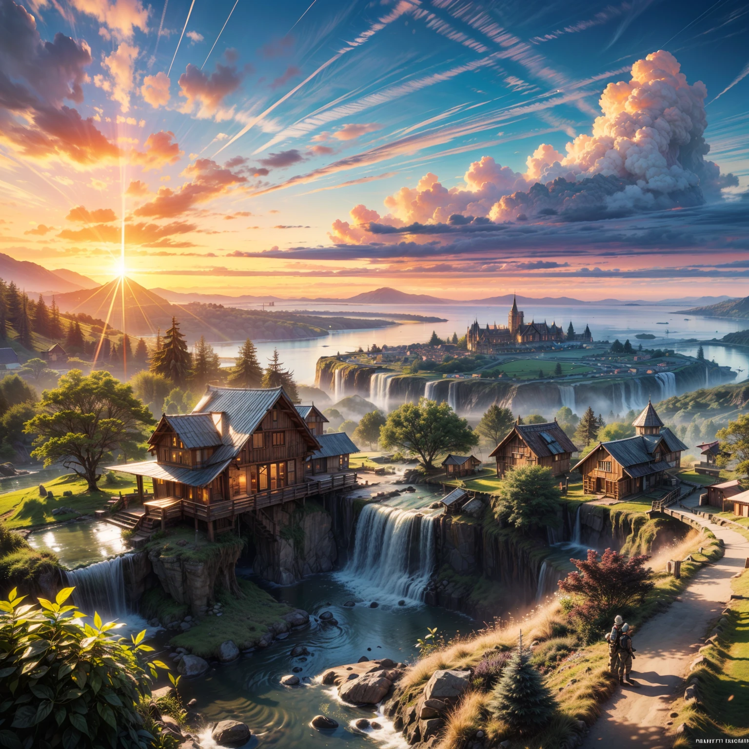 (a city made out of treehouses), (Masterpiece, Best Quality, Highly Detailed), HDR, high dynamic range, sharpness, octane render, realistic, high contrast), sunrise, light rays, (hills, mountains, water, river, waterfall), vibrant, colorful,
