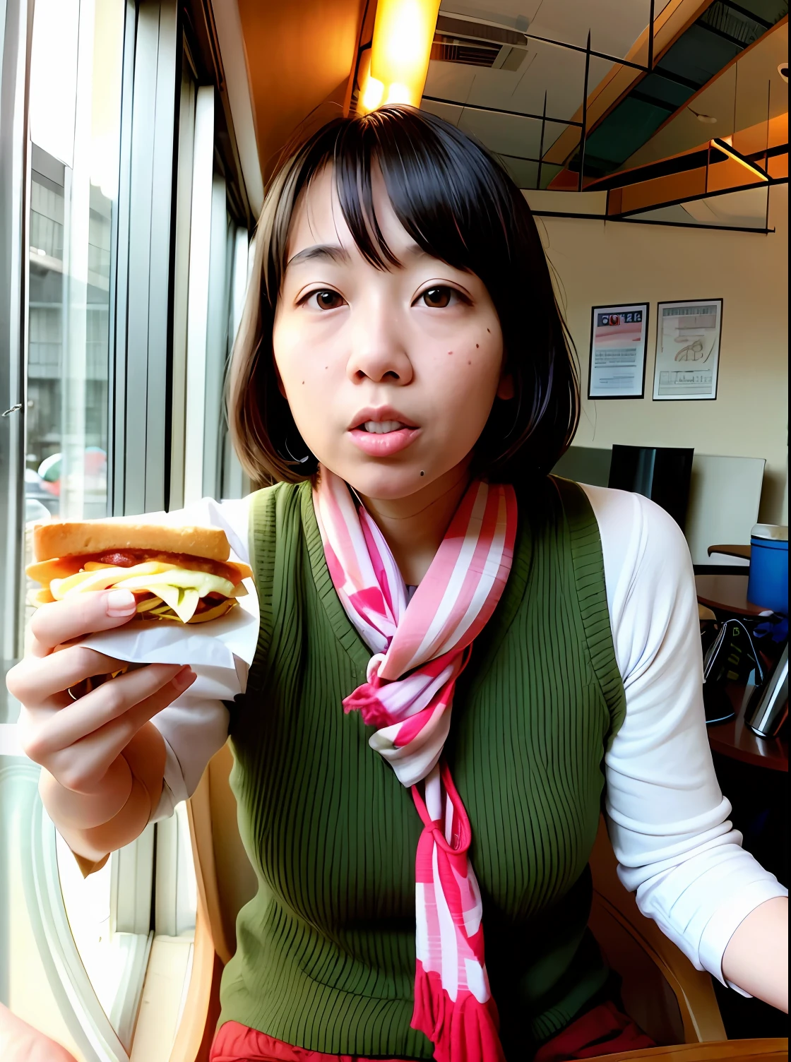 Woman in Alafe sitting at table with sandwich in hand, Kimi Takemura, chiho, Sana Takeda, けもの, Na Kawahara々favor, Yasumoto Oka, deayami kojima, あかさたなは on twitter, yukii morita, ❤🔥🍄🌪