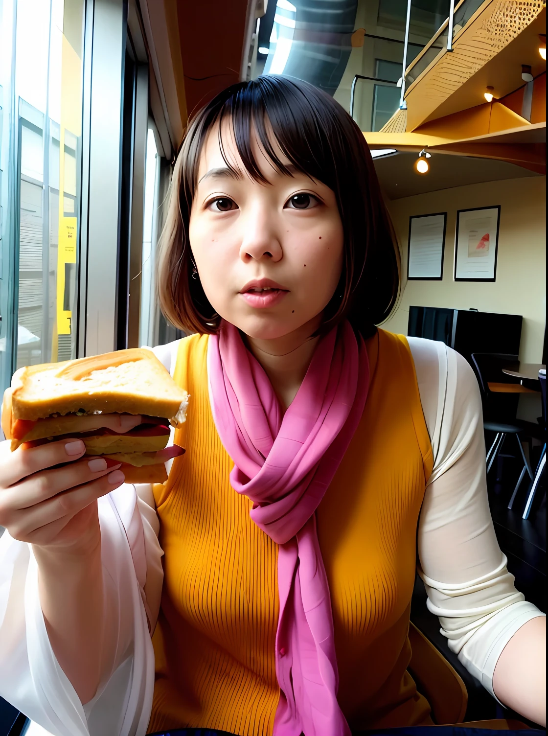 Woman in Alafe sitting at table with sandwich in hand, Kimi Takemura, chiho, Sana Takeda, けもの, Na Kawahara々favor, Yasumoto Oka, deayami kojima, あかさたなは on twitter, yukii morita, ❤🔥🍄🌪