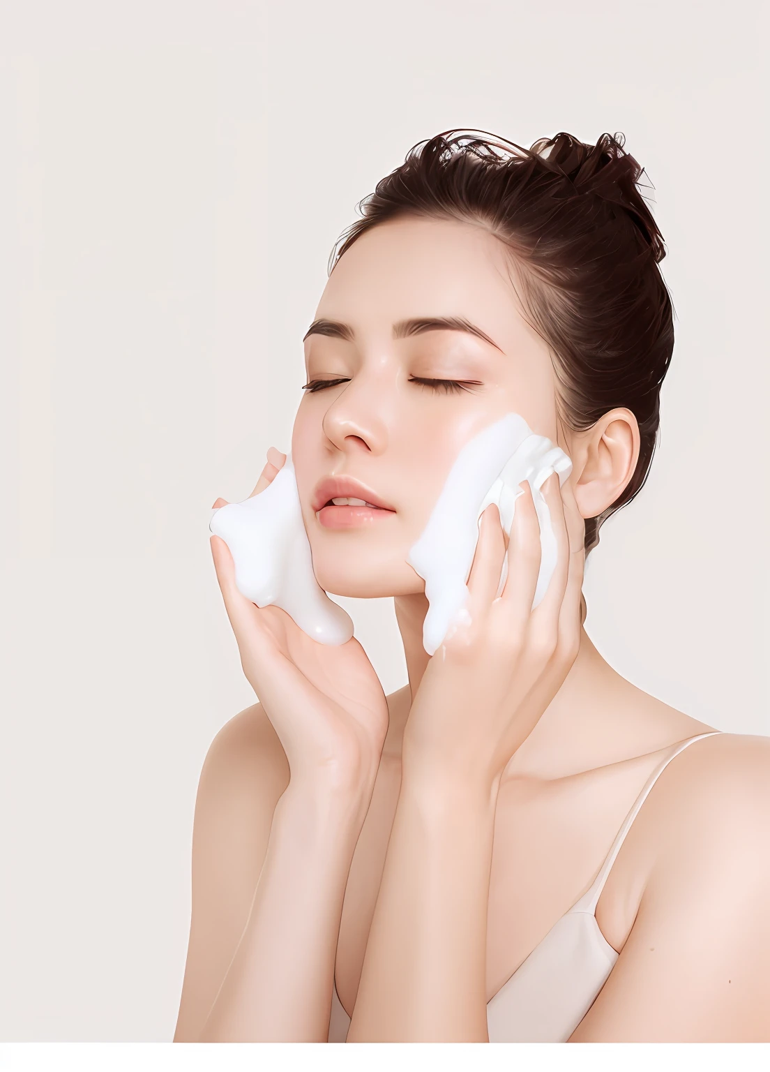 Woman cleanses her face with hands and foam, Clean face and body skin, bubbling skin, Clean face, skin care, Skincare, photoshoot for skincare brand, smooth glowing skin, Smooth porcelain skin, Dewy skin, smooth healthy skin, clear clean face, woman with porcelain skin, smooth textured skin, shiny soft skin, facial beauty, Facial