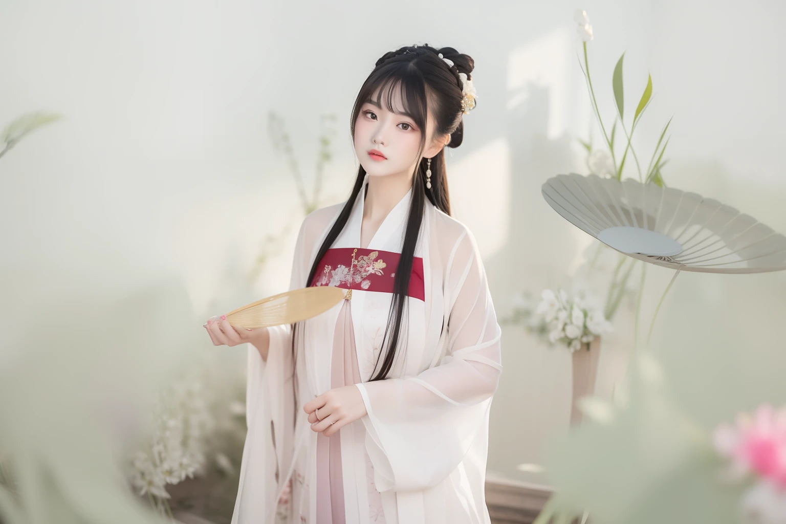 araffe woman in a traditional chinese dress holding a fan, Hanfu, Palace , A girl in Hanfu, White Hanfu, with acient chinese clothes, Wearing ancient Chinese clothes, Traditional Chinese clothing, Chinese costume, Middle metaverse, Chinese traditional, Princesa chinesa antiga, Chinese style, full-body xianxia, Chinese girl