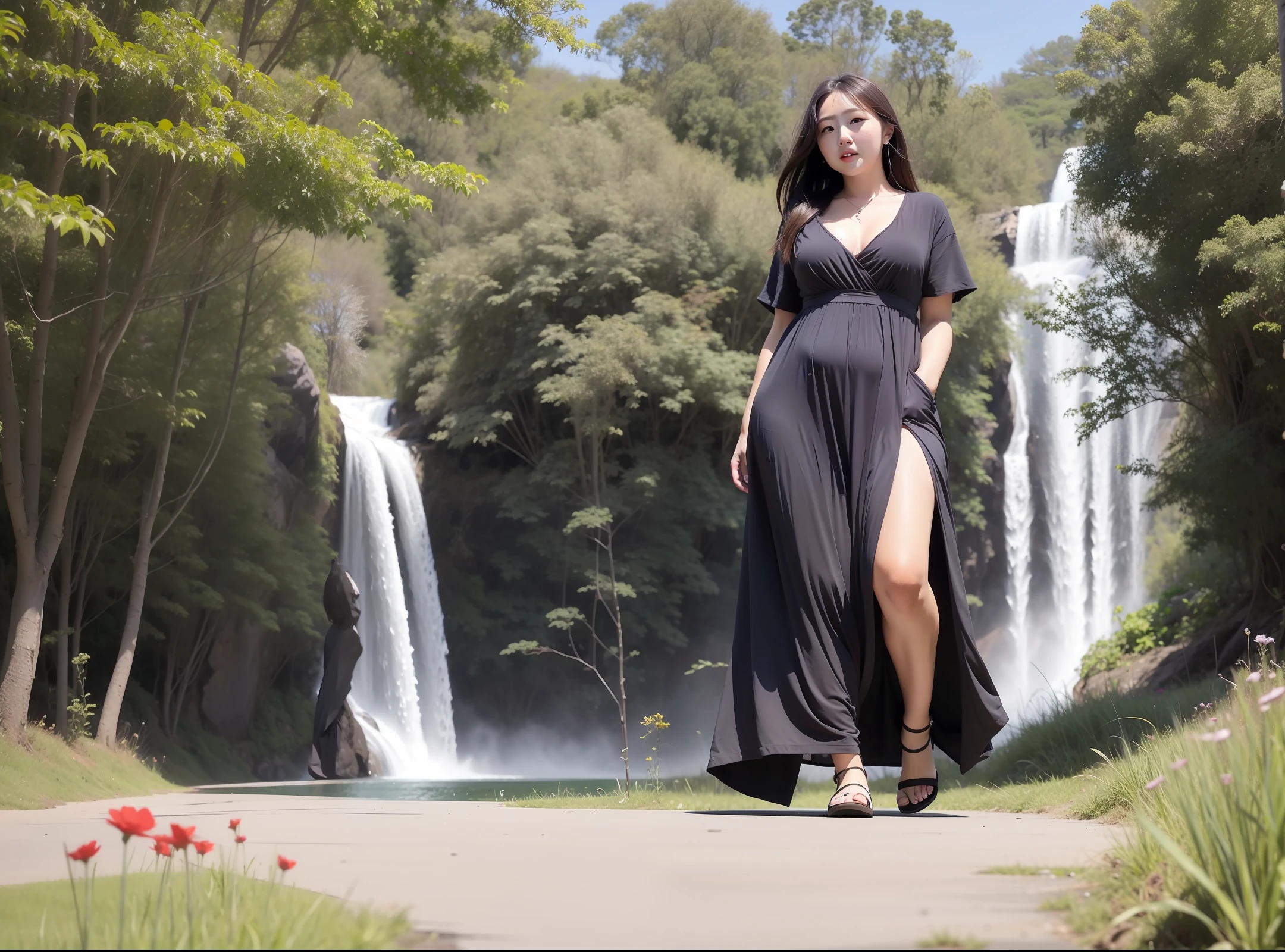 A slightly chubby woman，Hourglass figure，-faced goose egg type，Oversized eyes！Walk head-on，Stroll through the flower-covered meadows。Her long hair hung down her back like a waterfall，It adds to her charm。This scene was captured with a wide-angle lens，It shows breathtaking beauty in high definition。textureskin，1080P，Striped hair lines，Halo depth of field，high detal