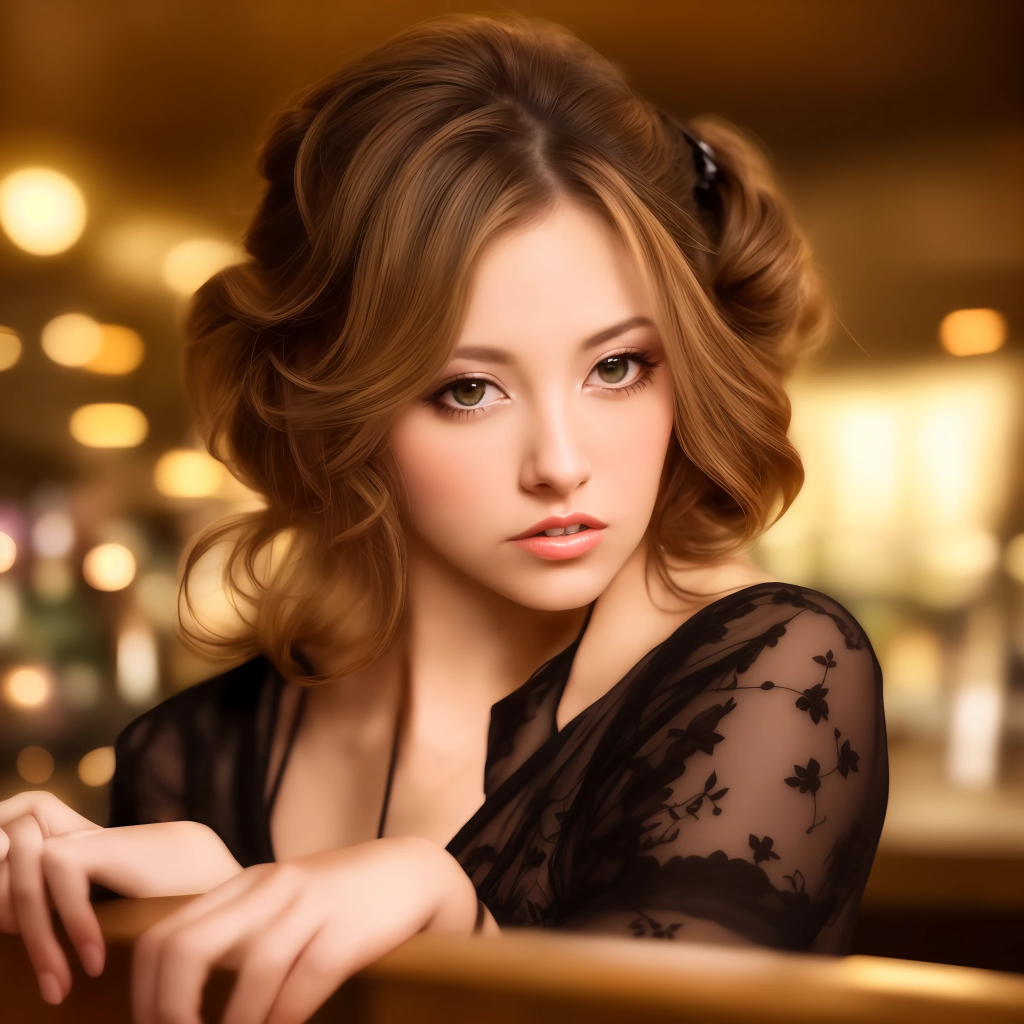 portrait photo of  jenna beautiful woman hair updo upsweep nightclub sitting at bar (masterpiece) (best quality) (detailed) (8k) (HDR) (wallpaper) (cinematic lighting) (sharp focus) (intricate)