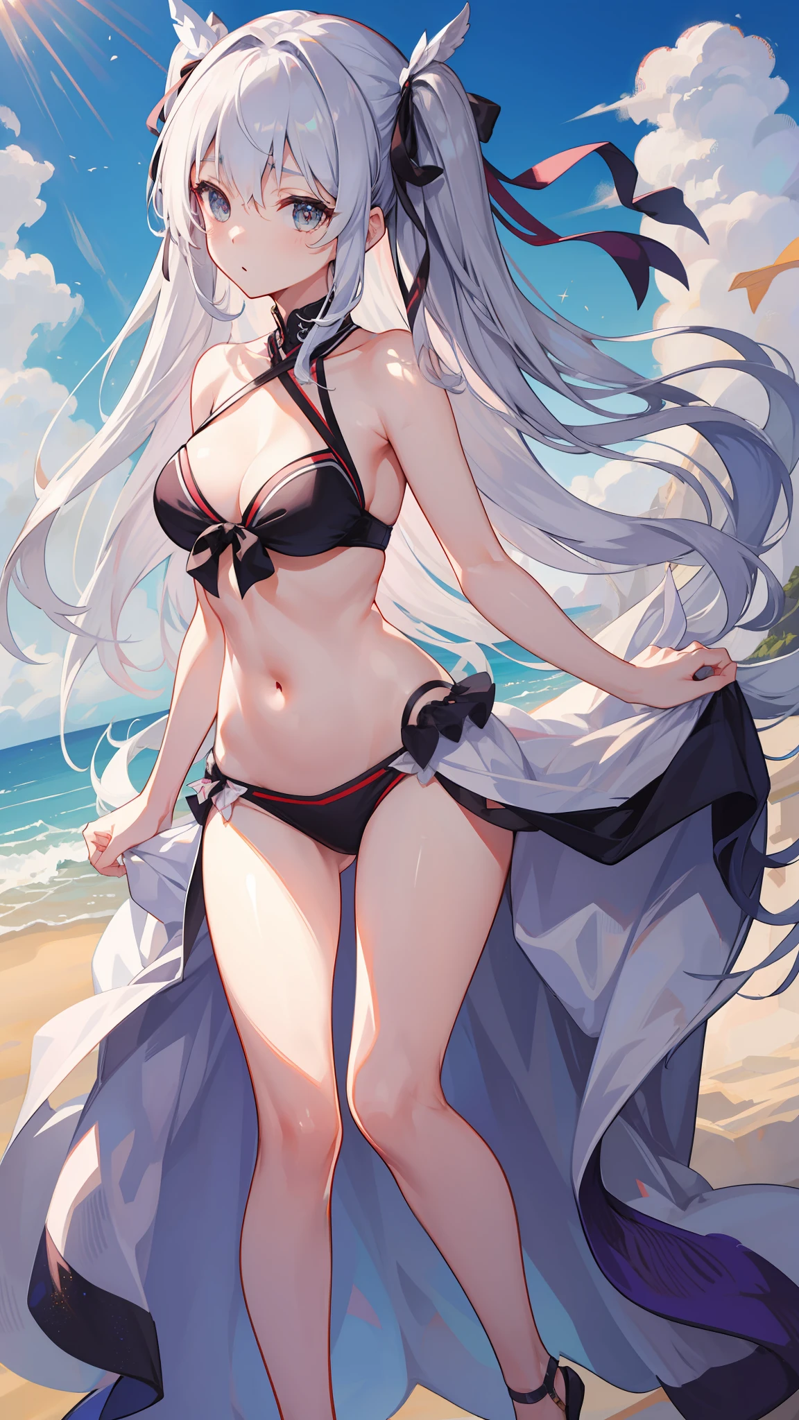 Silver hair, Very long hair, hair two side up, hair splayed out, Hair ribbon, ribbon, Shy, hyper HD, 16k, Best quality, High details, Anatomically correct，比基尼，face，Long legs，D罩，sandbeach