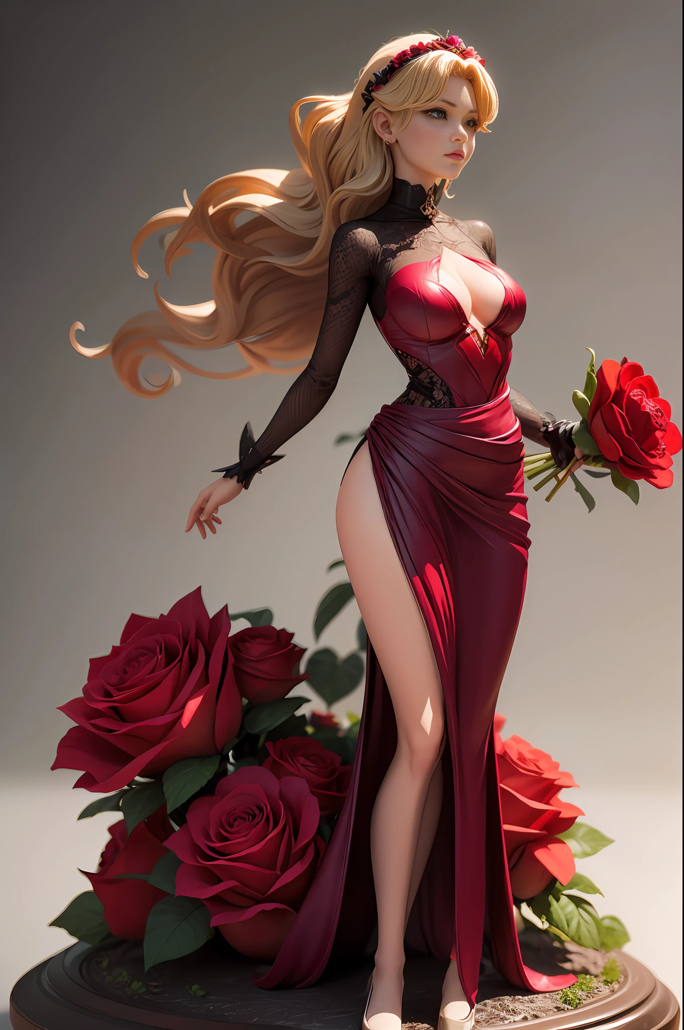 anime girl as a Botticelli model, (full body:1.2), burgundy roses, leaves, flowers, Alfons Mucha style, modest draped dress, 3d, q printing, figurine, neutral background.