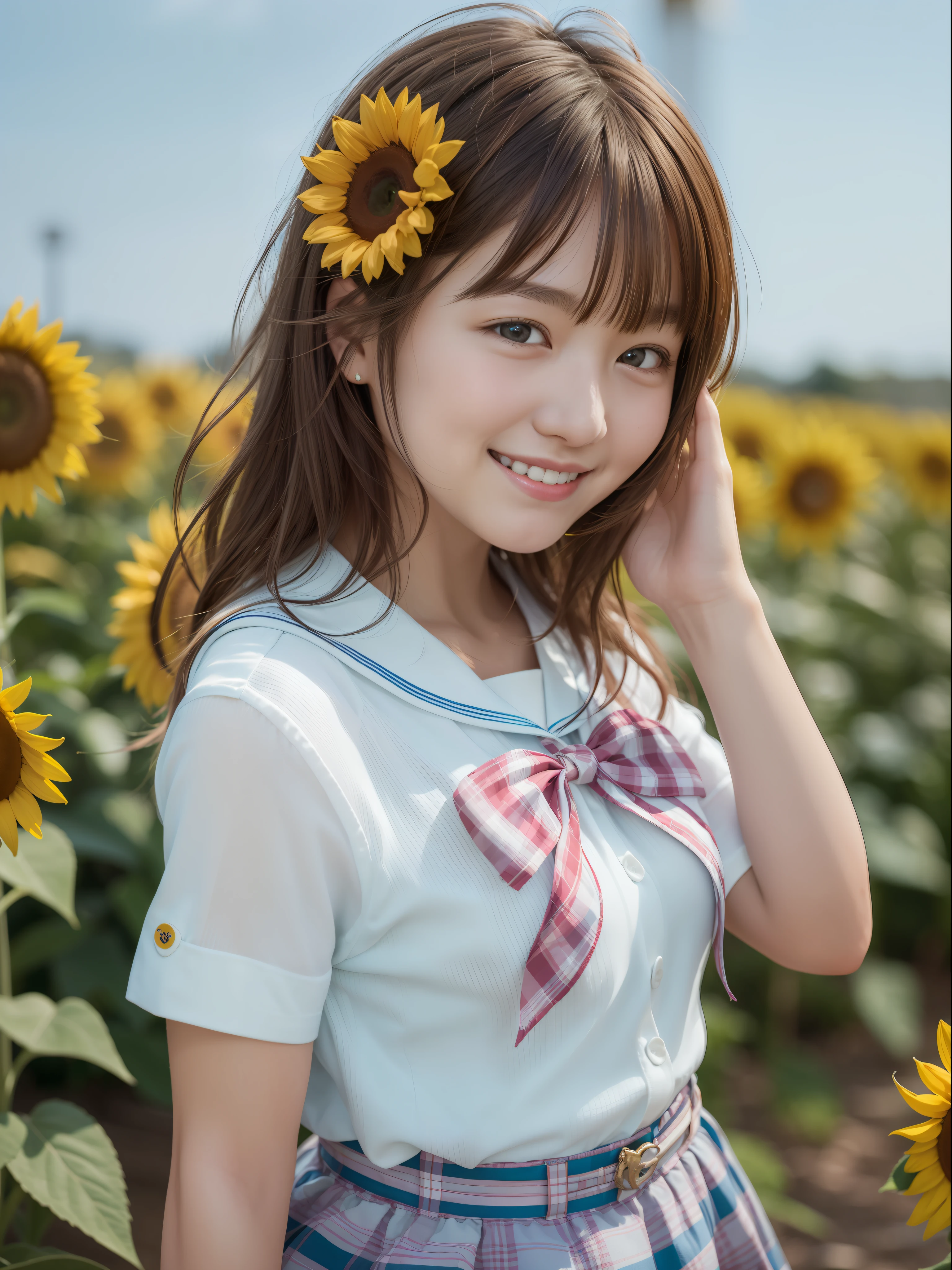 (masterpiece、highest quality:1.2), cowboy shot, 独奏, 1girl in, honma himawari, a smile, see the beholder, Ahoge, Sunflower hair ornament, a sailor suit、 plaid skirts, sunflowers fields、Live Action、realisitic、a smile
