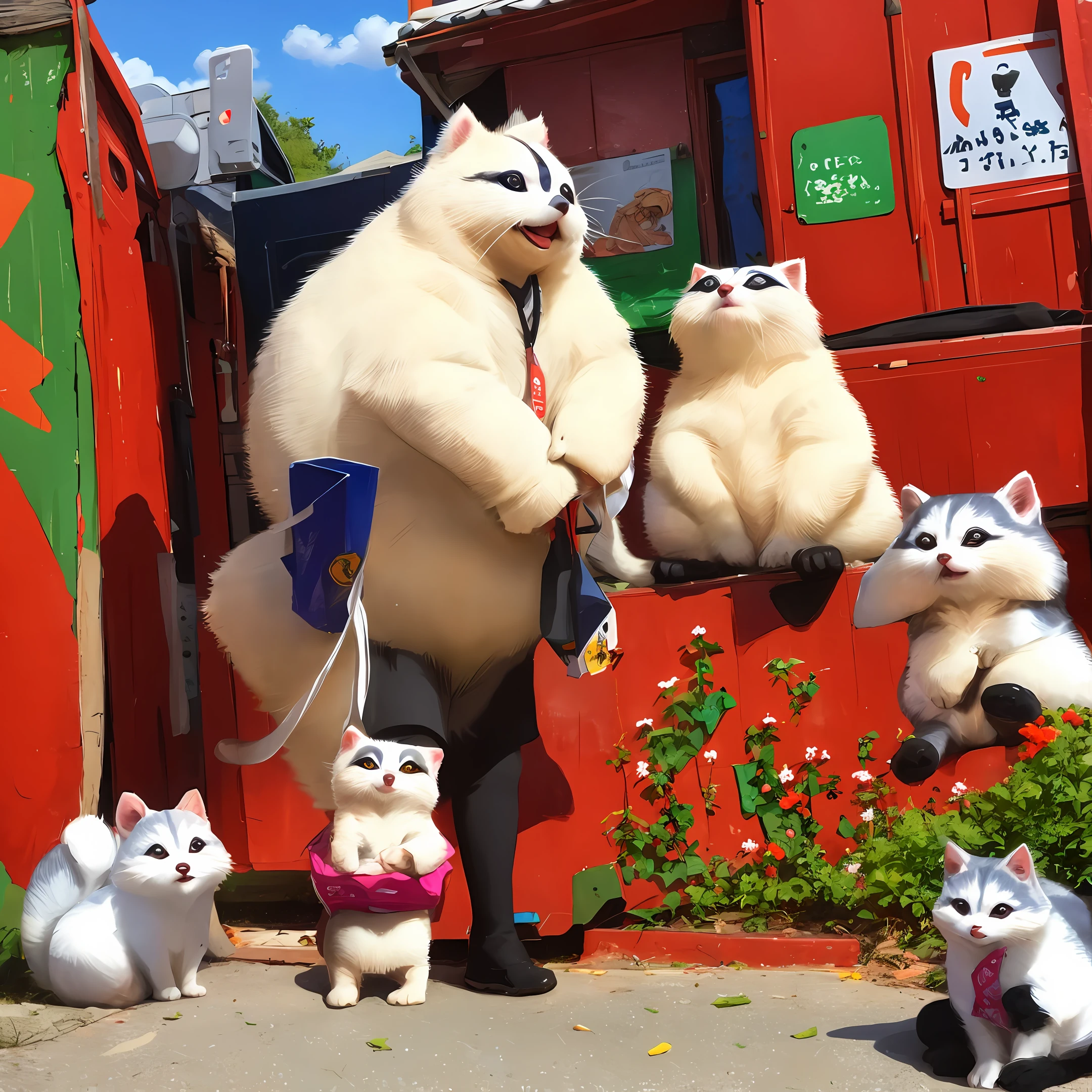 A big white fat tanuki cat