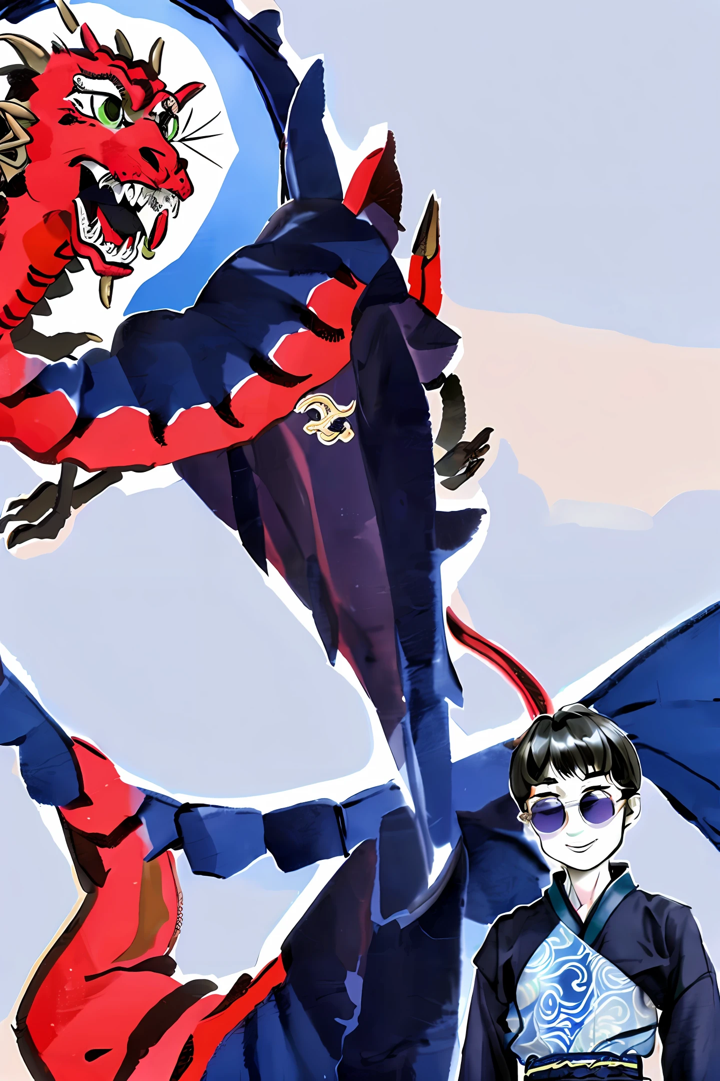 An oriental boy like an immortal rode an oriental true dragon to the sky，Wearing sunglasses and smiling evilly