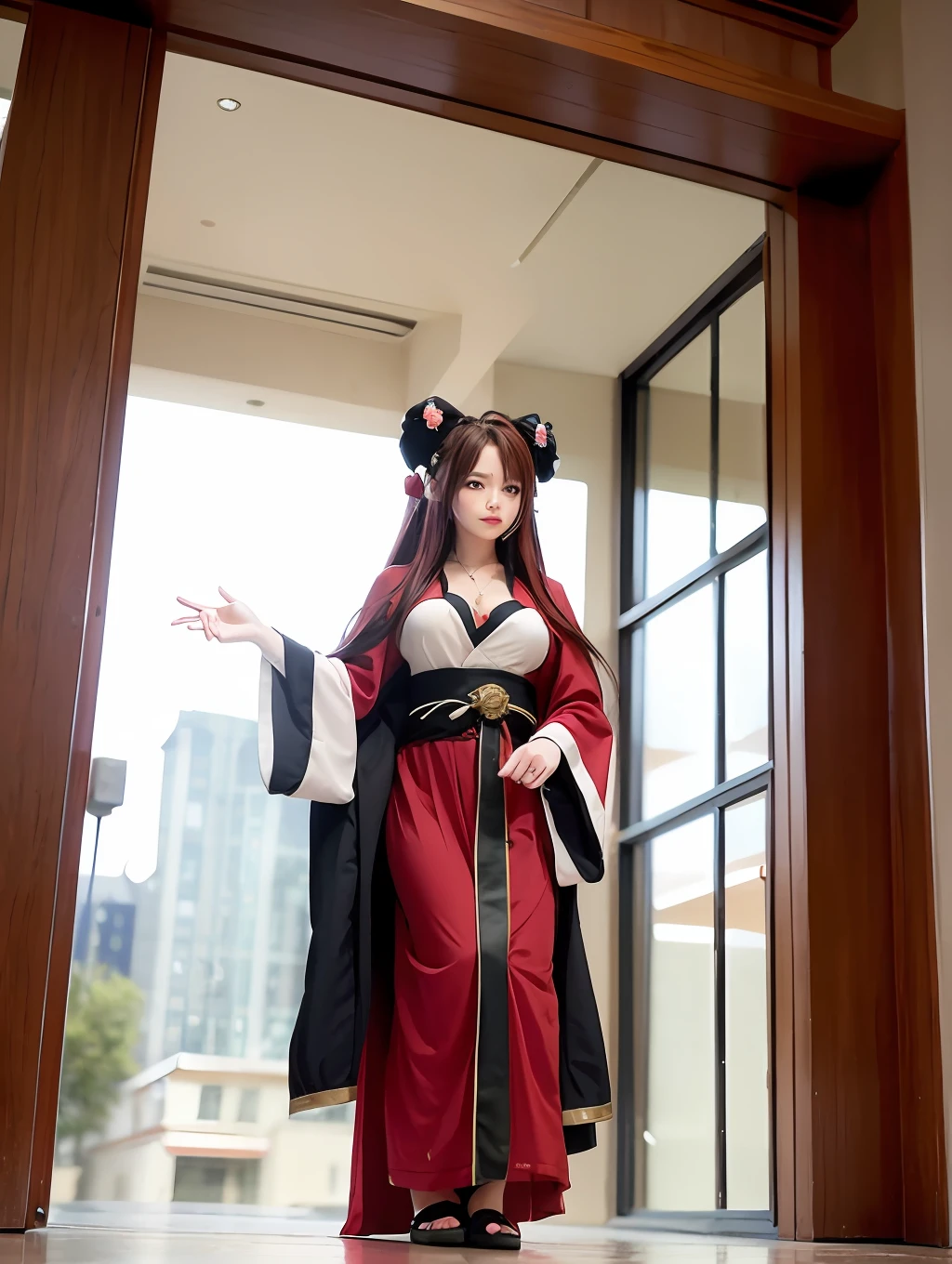 a pregirl,Red long-haired,with a good figure,In high-rise buildings,Wearing a Taoist robe