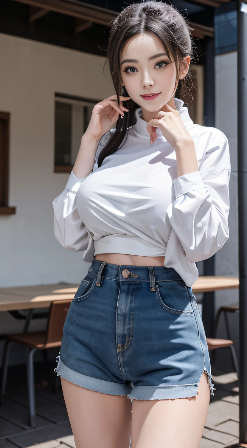 A girl, on the playground after school, fully visible, away from the spectators. She is a beautiful, pretty, cute, cute, young, teenager. She is slim, slender, petite, thin, (big breasts), (big breasts), (big breasts). She was sweaty, wet, and drenched. The clothes are transparent, there is sweat on the skin, and the hair is wet. She grinned and smiled. She looks natural, relaxed and unpretentious. Scheming face. Make faces. (sticking out his tongue), telling a secret, hiding a secret, shyness, excitement. She stared at the audience. She wears a black ponytail. She wore a school uniform, a rolled up shirt with a colored corduroy bra under the shirt, shorts of various colors, and two layers. Shirt lift,. Camera focused on her face, light shining on her face, very large aperture, ((f/1.2)), shallow depth of field, strong blur in background lens, ISO 3000, auto white balance, extremely detailed, professional lighting, soft light, raw photos, Uniqlo fashion models, best quality, masterpiece, award-winning photography, huge file size, 8k, high resolution, shot on Sony DSLR.