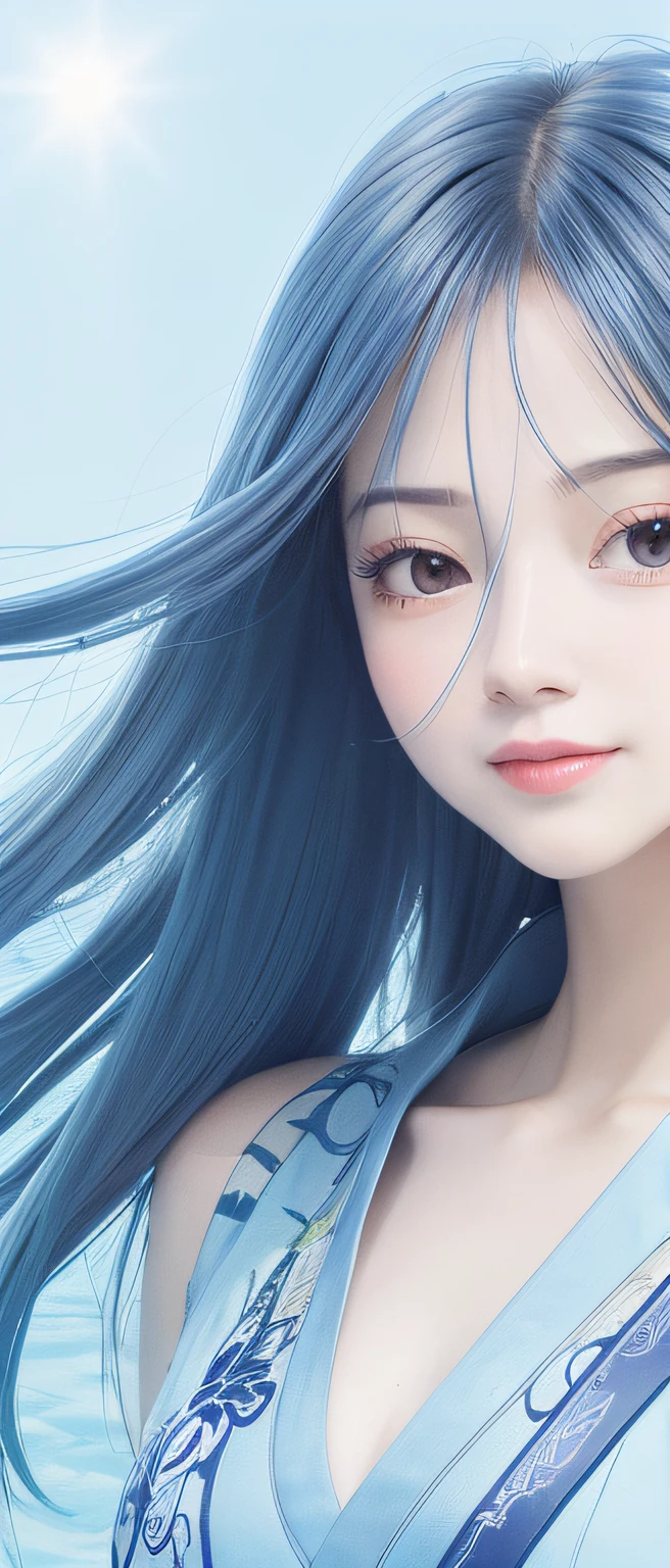 (In the midst of nature,A lotus blooms,Sway gently on the water,Shooting angle upwards) | (A woman in a light blue Hanfu is smiling,It elegantly shows the beauty of Hanfu,Blue hair flutters gently) | (The sun shines obliquely,Swords intersect,Vines are entangled in it,The scene of the sword fight is slightly chaotic,W1:1.1)