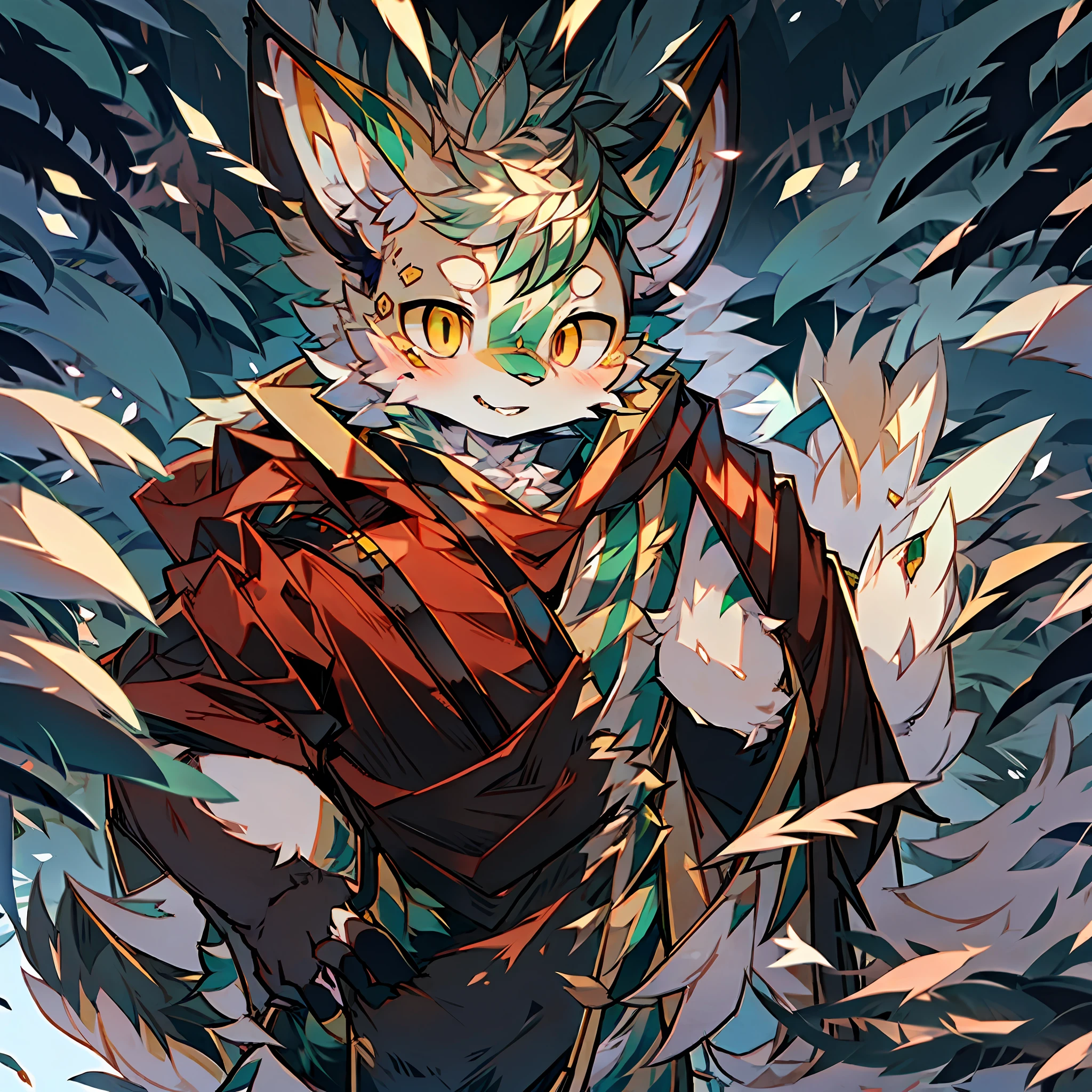 furry art,furry male,cat,white fur,golden eyes,green stripes on the face,wearing a cloak,forest