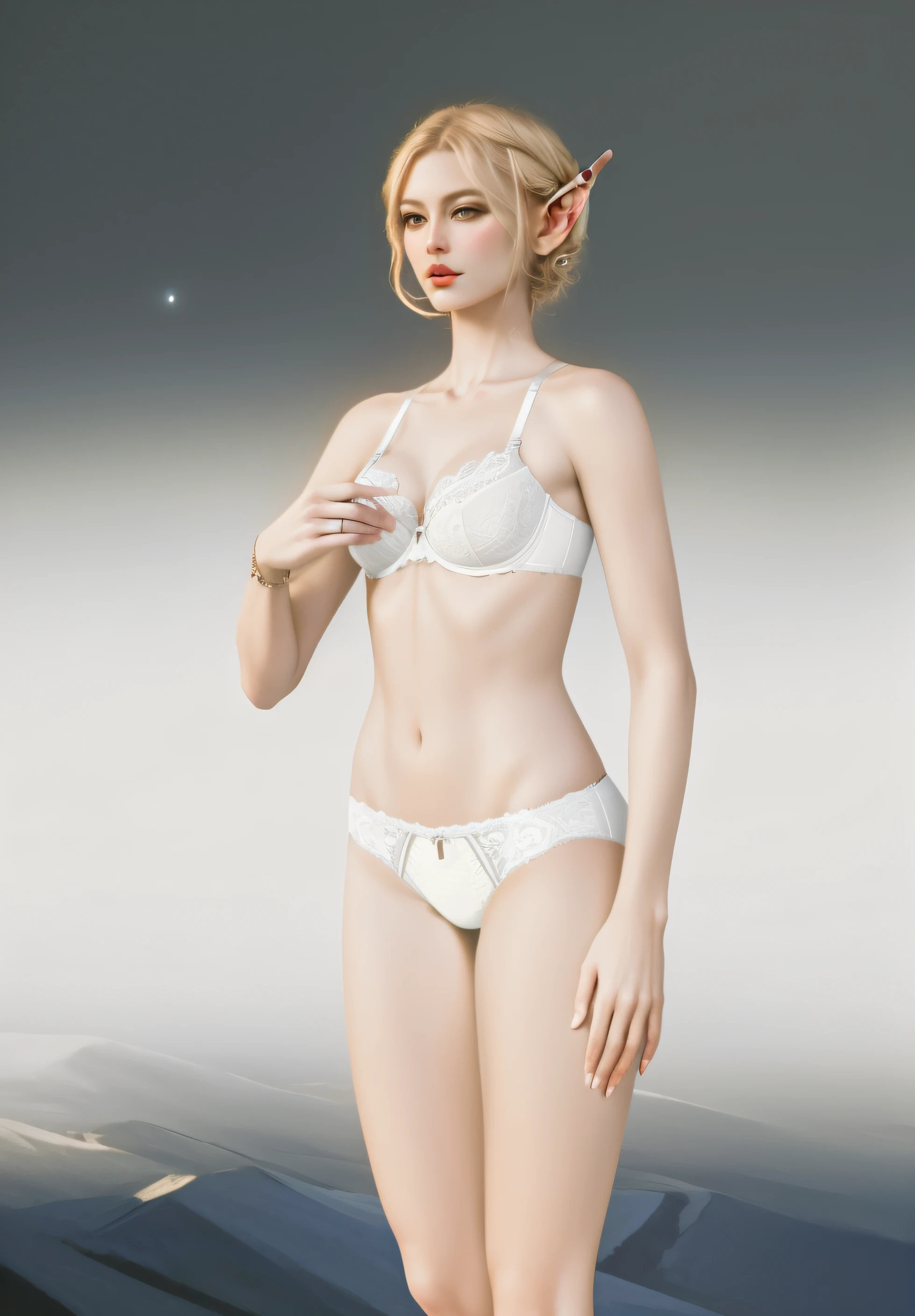 ((masterpiece, best quality)), Tall blonde Elven woman, white fancy bra, white high cut panties, in Sci-fi void, photo realistic, intricate details