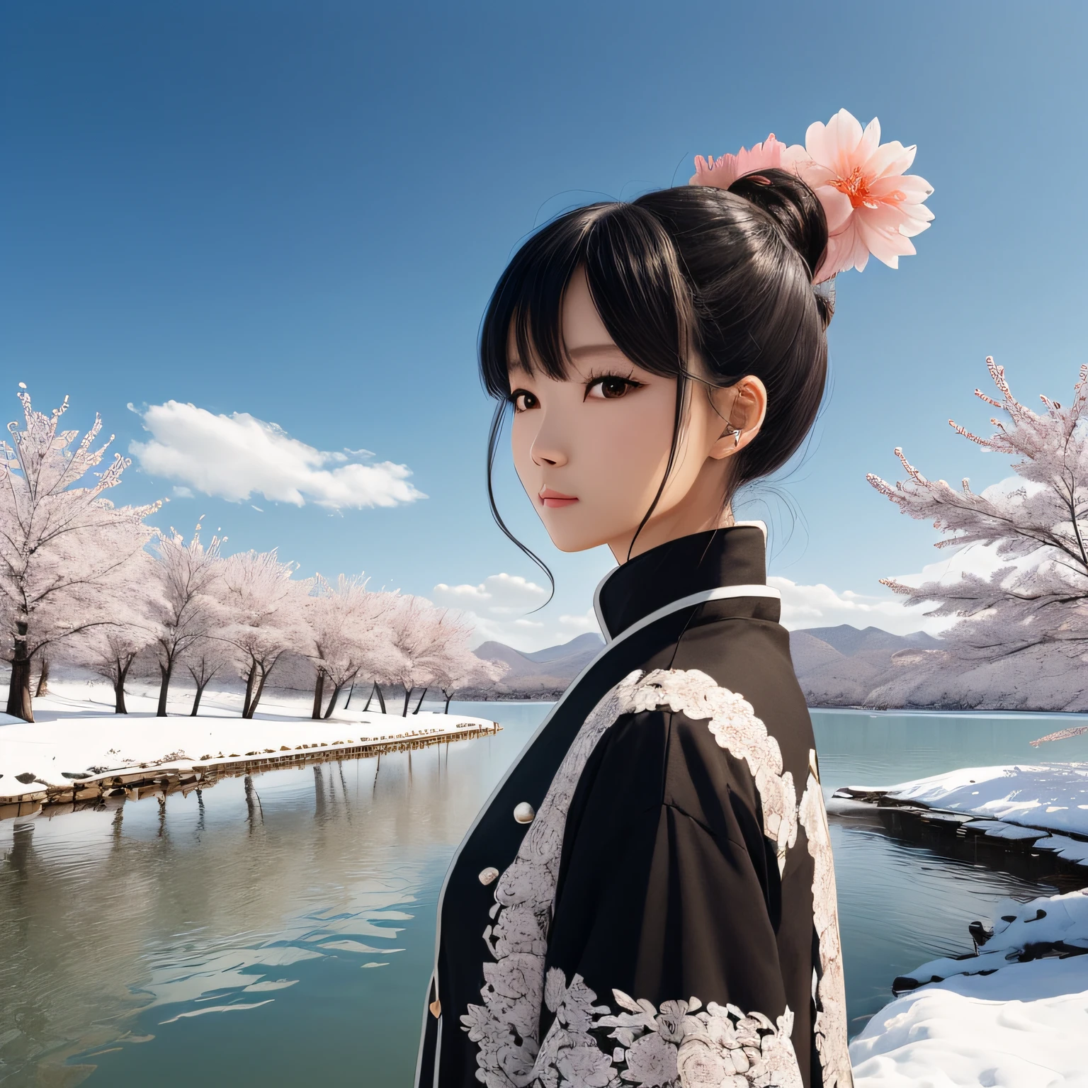 ancient wind,The white-clothed black-haired woman saber drinks and faces the lake,snow landscape,peach blossom,There are black Chinese dragons in the sky --auto