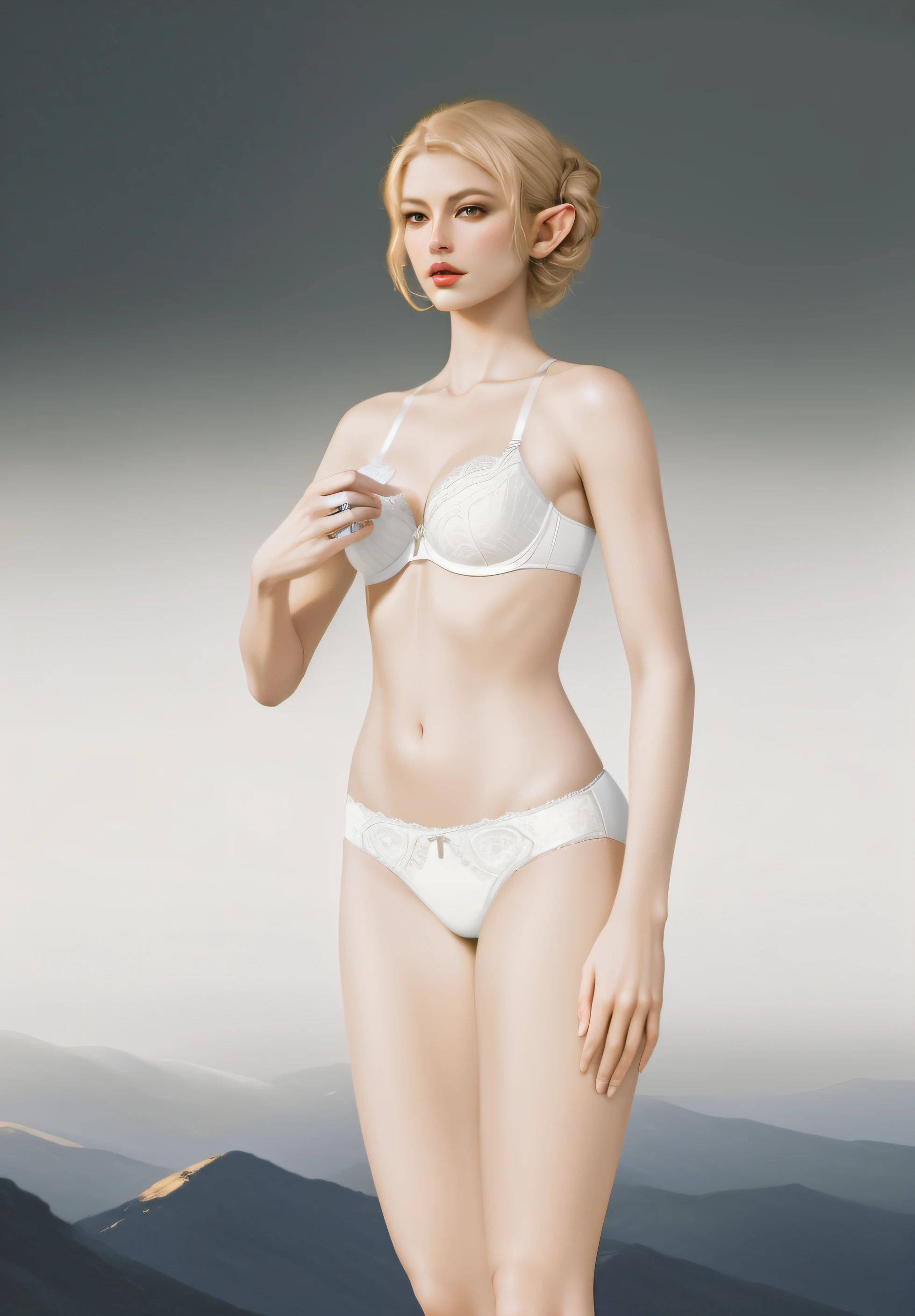 ((masterpiece, best quality)), Tall blonde Elven woman, white fancy bra, white high cut panties, in Sci-fi void, photo realistic, intricate details