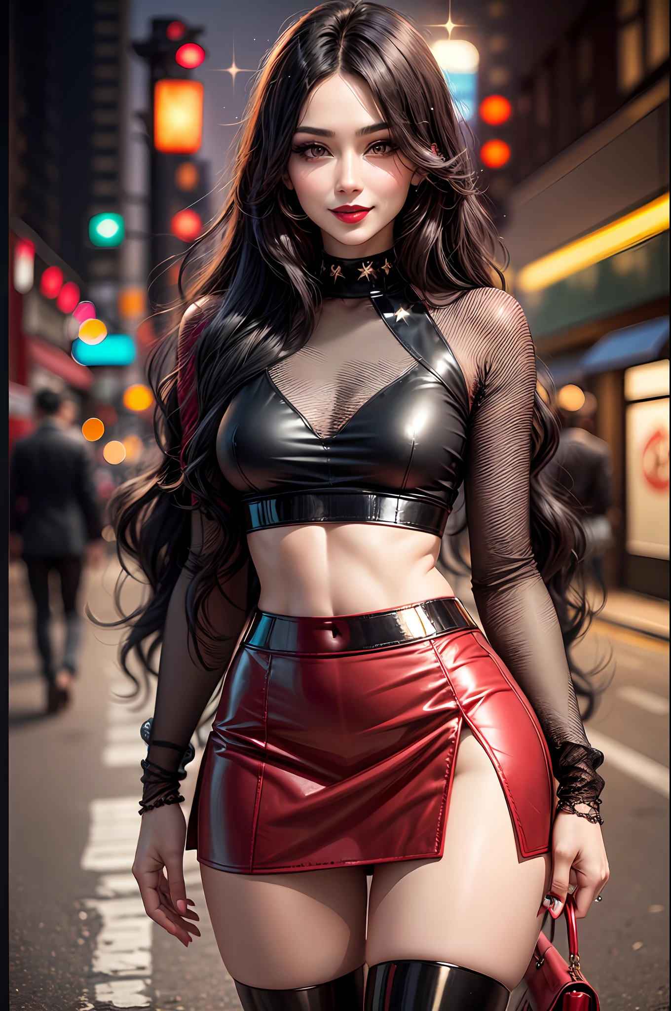 sexy prostitute, mature, tall, long sleek black hair, lipstick, makeup, eyeshadow, sparkly red skirt, sparkly red crop top, small purse, standing at street corner, smiling, sexy look, dynamic lighting, high contrast, two tone lighting