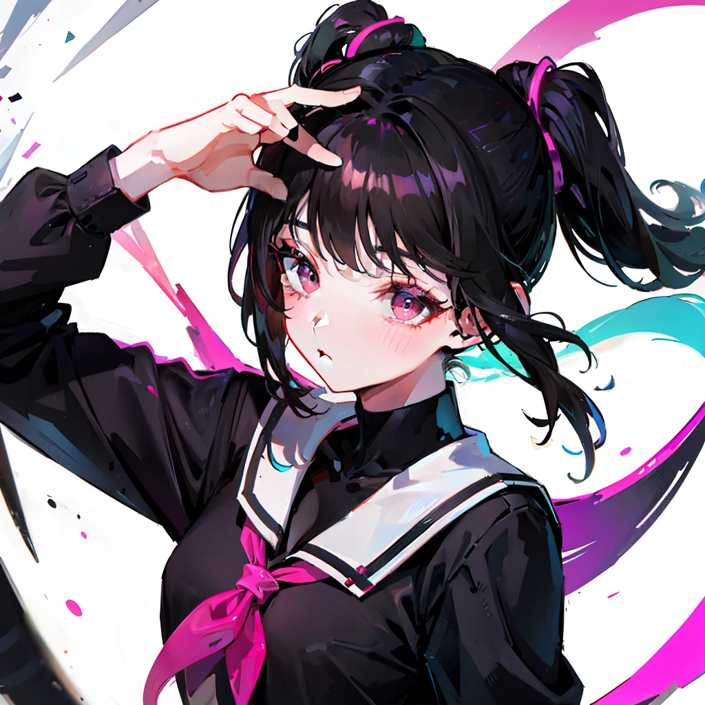 Kizi,utmost+meticuloso_the face,,The upper part of the body,closeup cleavage,cyberpunk backgrouns,sketching,solidcolor,Esports,teens girl,brunette color hair,dual horsetail,校服,solid color backdrop,Pure,adolable,sweet,pink back ground