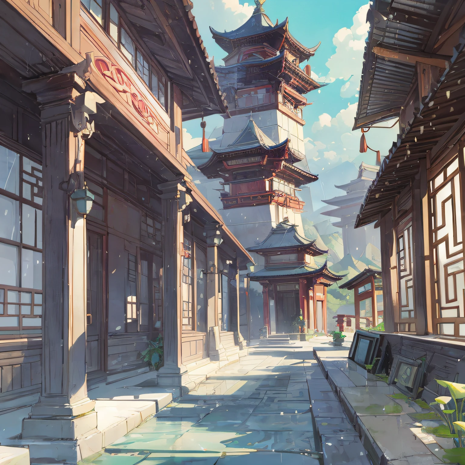 Comic book style Ancient Chinese architecture White wall Light gray tile Two perspective points There is light rain in the courtyard There is natural light Small mountain peak in the distance Stone Lake There are several lotus flowers in the lake The lotus flower is pale pink The surface of the lake is illuminated by weak natural light No one More comic style Strong light and shadow Higher saturation Clouds are whiter Wood texture texture is better --auto