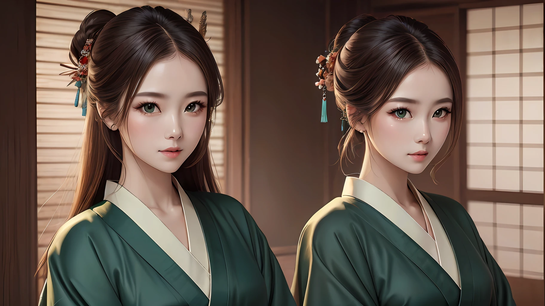 (masterpiece), best quality, beautiful detailed hair detailed face, 1 girl, solo, full-body portrait, dutch shot, perfect feminine face, very stunning woman, traditional hakama samurai kimono, chesnut brown hair, shoulder length hair, green eyes