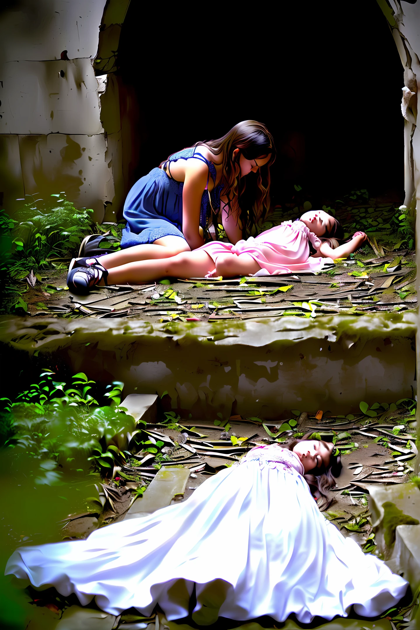 Teenager holding dead girl in an abandoned church