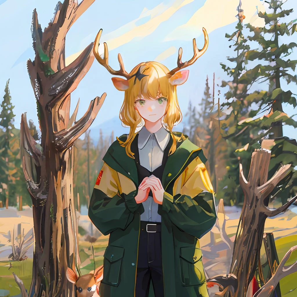 deer antlers,whaite hair,Greencoat,Kizi,Place your hands close to the antlers