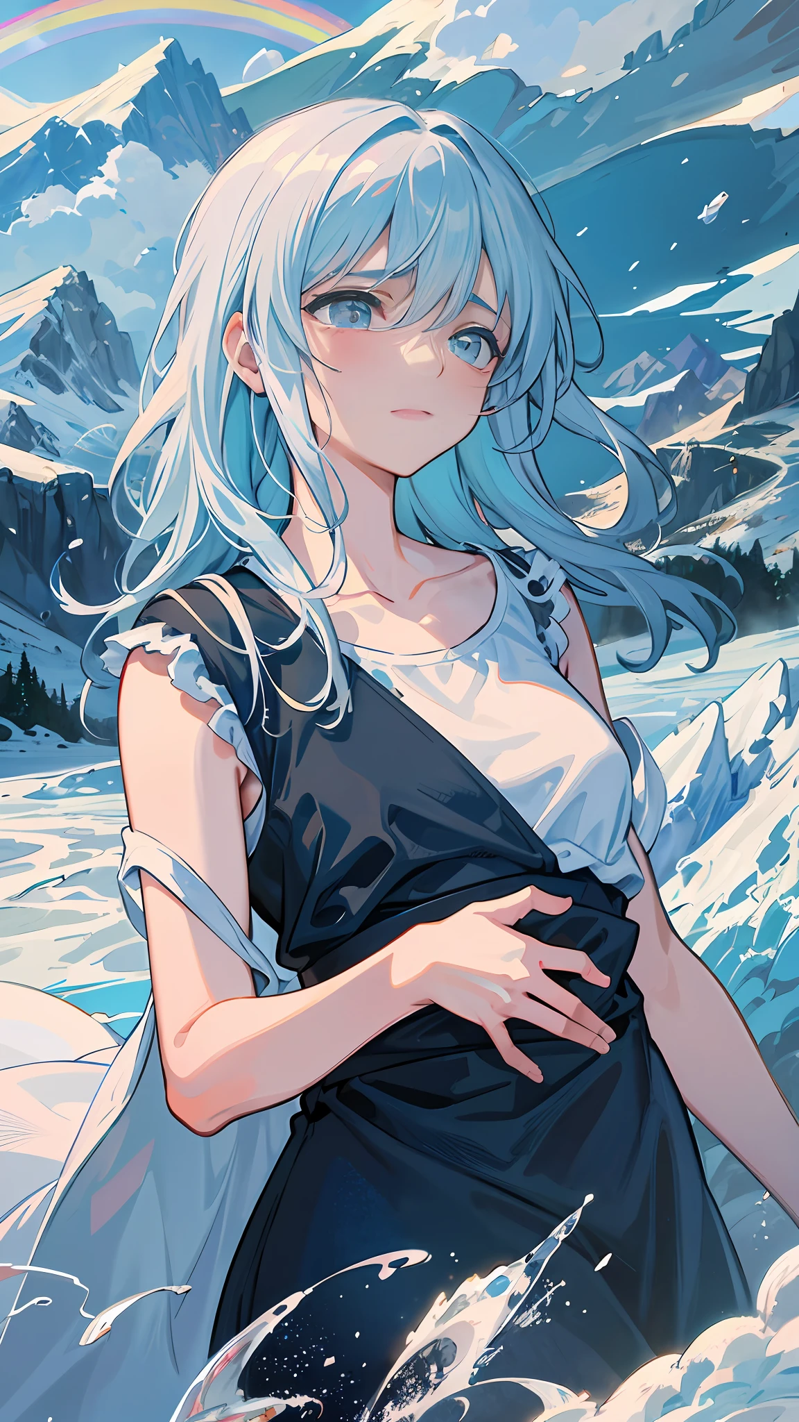 masterpiece, best quality, 1girl, solo, light smile, mountain, lake, meadow, panorama, jacket, kneehighs, boots,