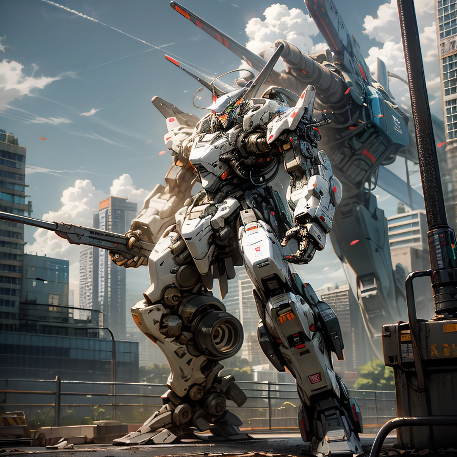 sky, cloud, holding_weapon, no_humans, glowing, , robot, building, glowing_eyes, mecha, science_fiction, city, realistic,mecha --auto