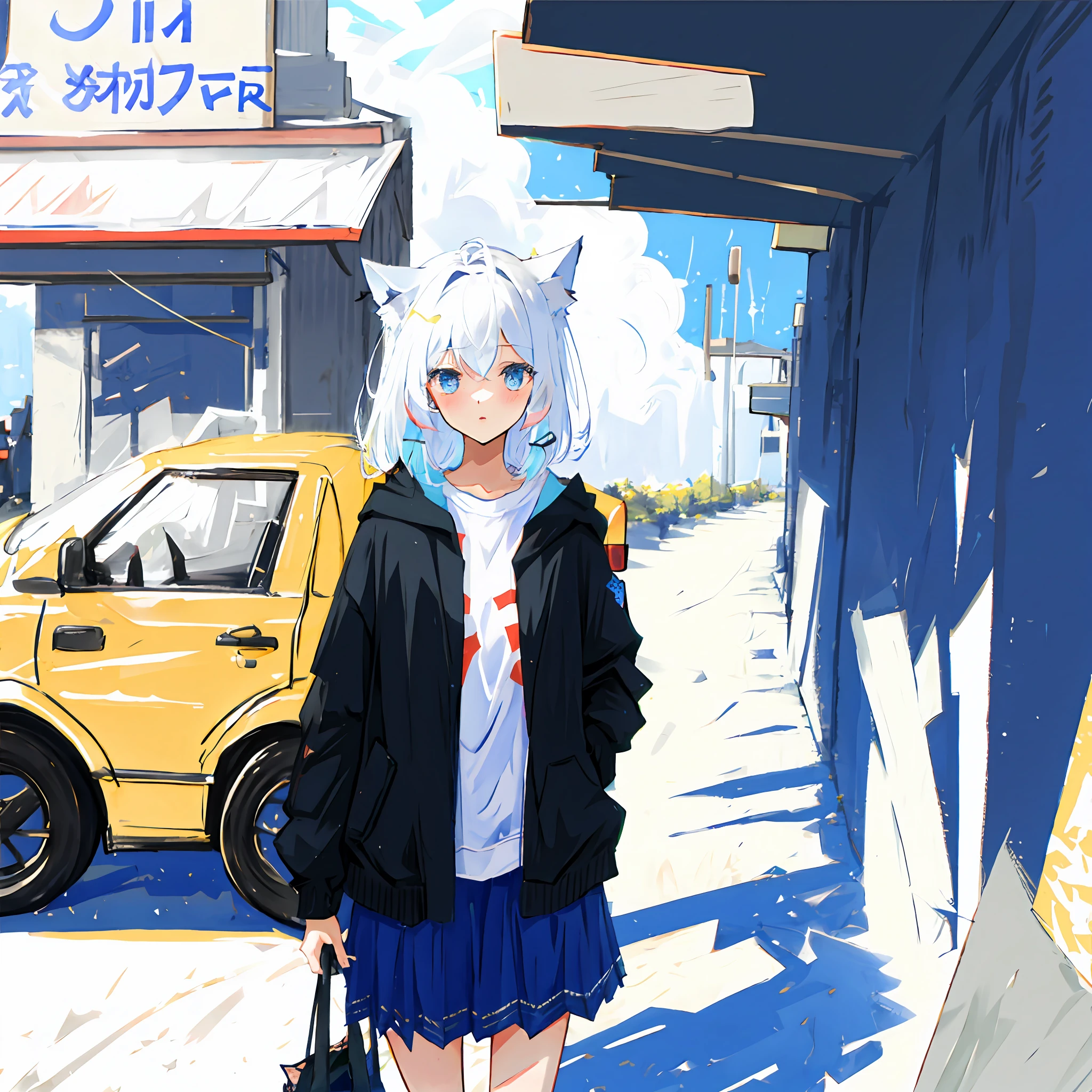 elementary student,female pervert,White hair,cat ear,城市