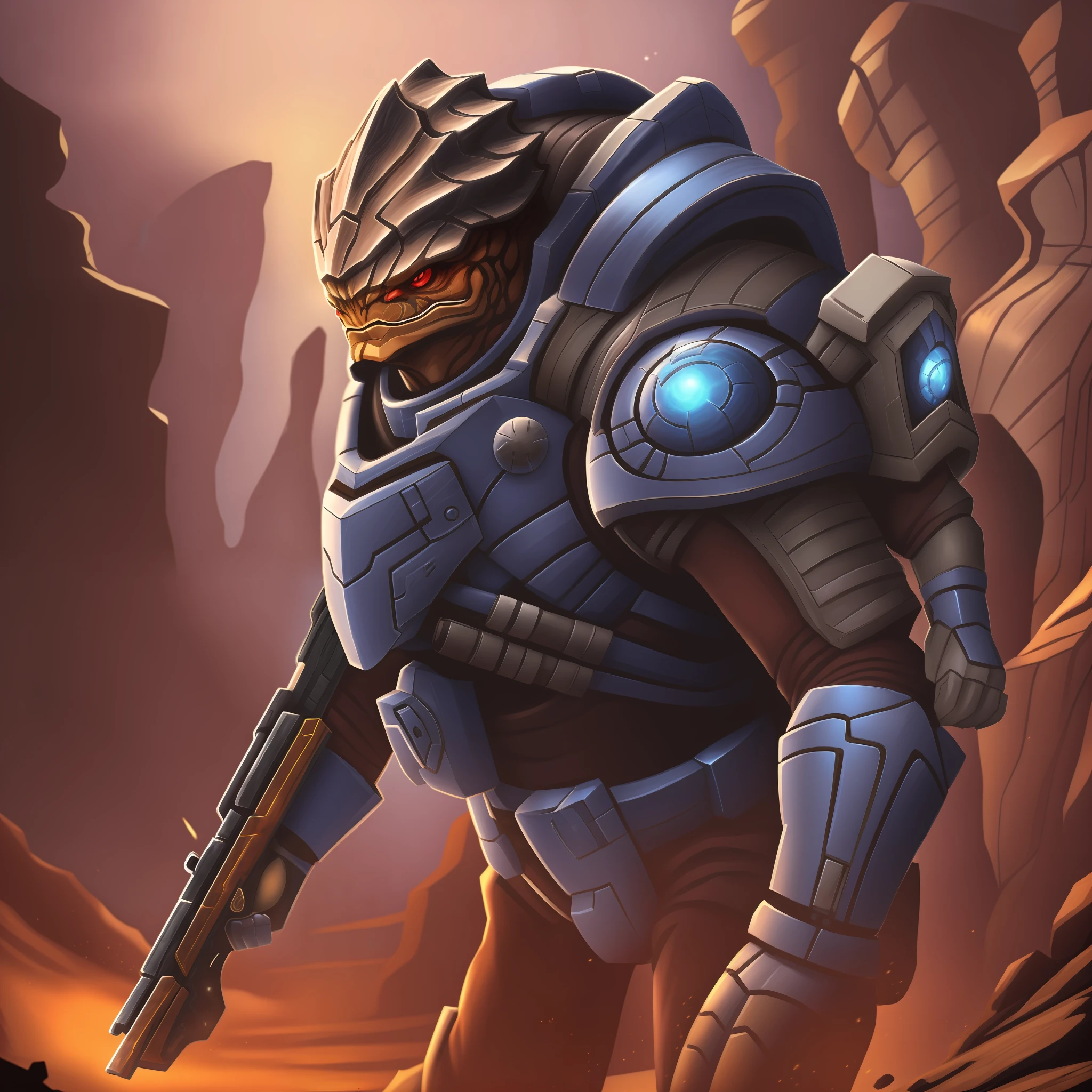 4k, high details, detailed face, krogan, mercenary, black heavy space suit, black armor, black space suit, fight pose, cartoon style, bordelands style, arcane style, shotgun in hand, hump on the back, angry face