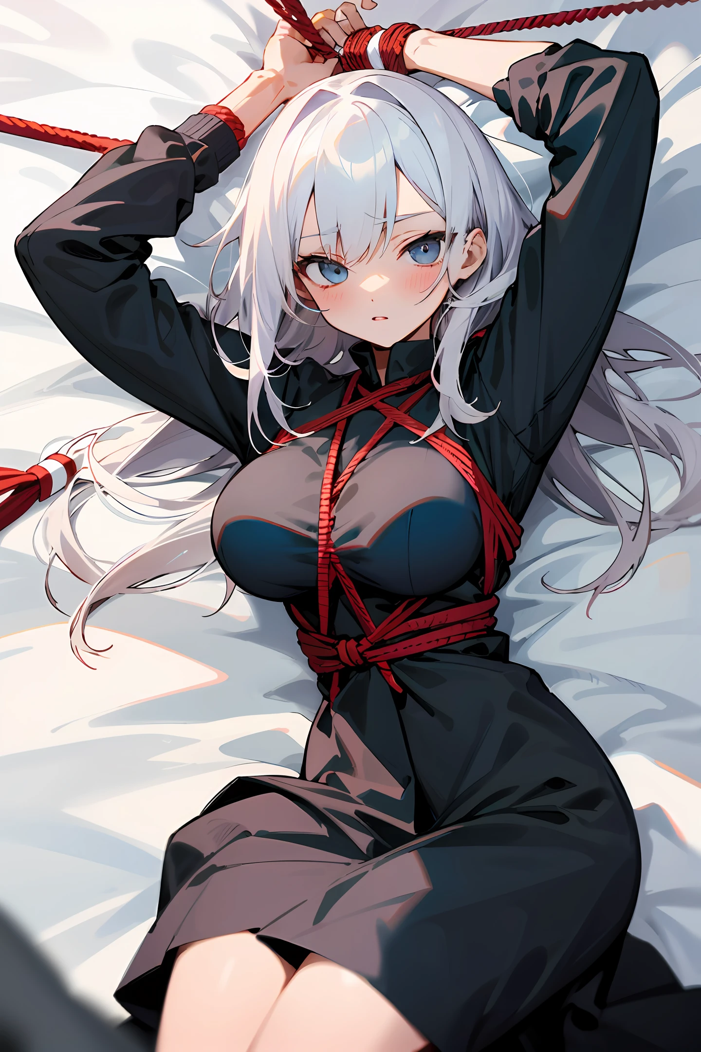 Hands behind your head，white color hair，anime big breast，Open your feet，Lie down in bed，shy， old，female pervert
，Beds，Tied by ropes