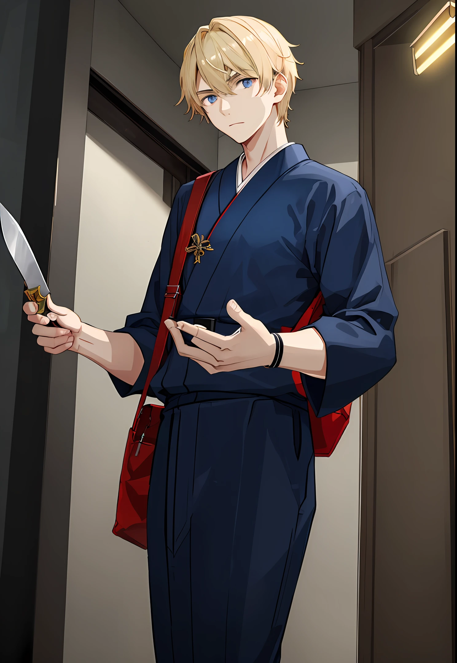 Light blonde hair,male teenager,Natural micro-dispensing type,校服,Holding two knives in his hand, one glowing red,One with a blue light