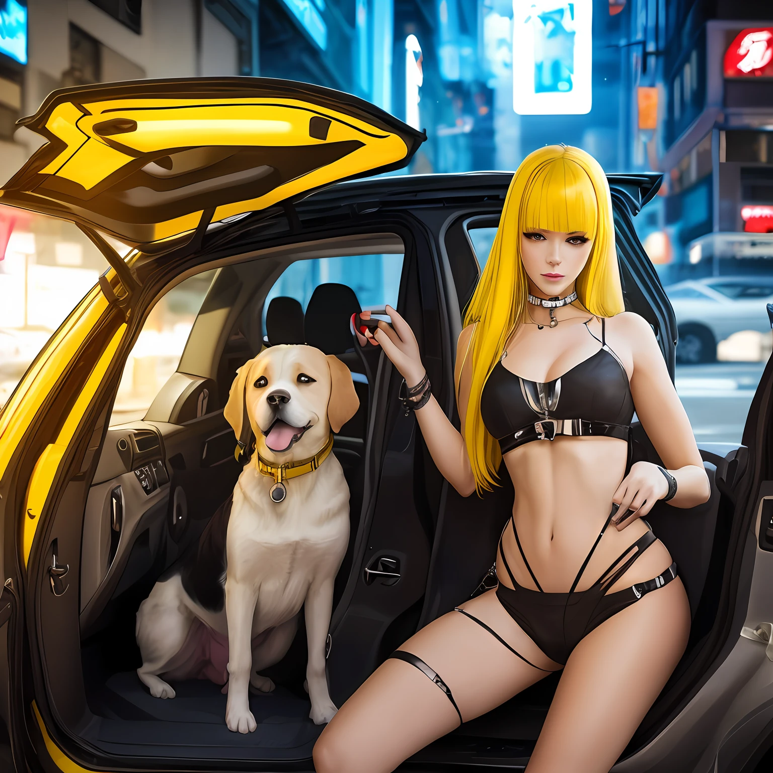 Woman with white skin，Yellow hair，There is a dog in the back，cyber punk perssonage， --auto