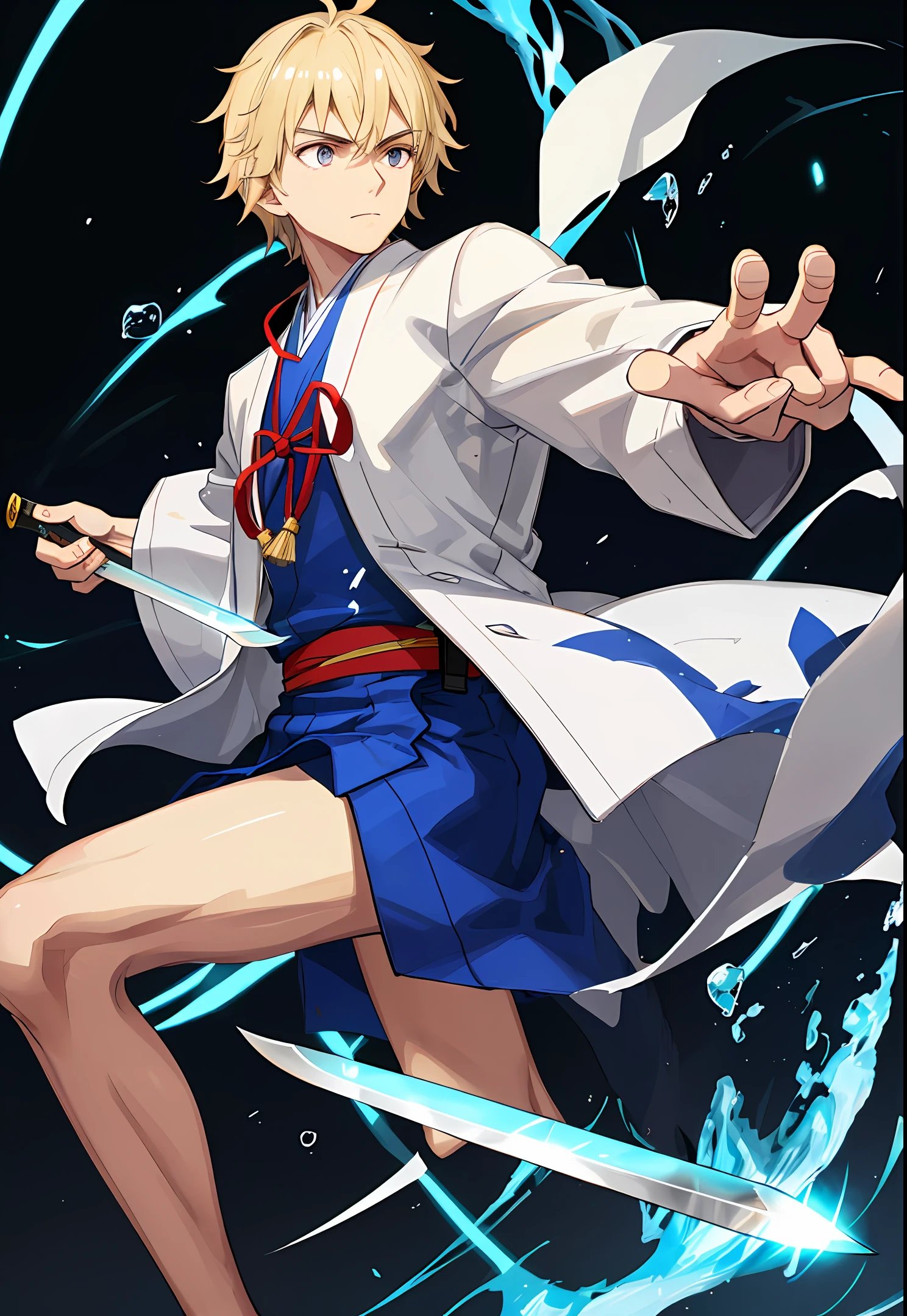 Light blonde hair,male teenager,Natural micro-dispensing type,校服,Holding two knives in his hand, one glowing red,One with a blue light