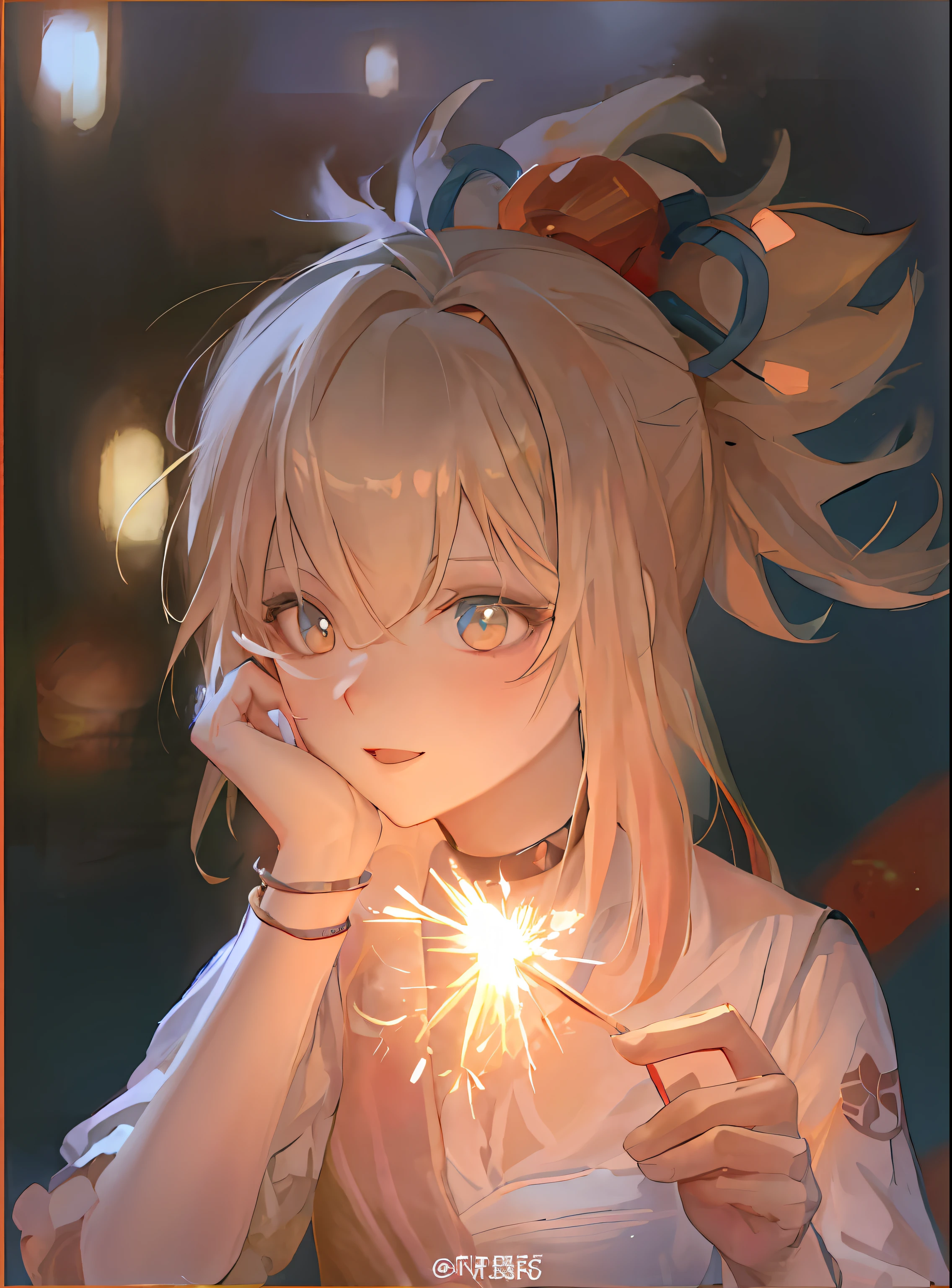 animemanga girl，Fireworks in hand, Guviz, a beautiful anime portrait, Splash art anime Loli, Guviz-style artwork, fire works, made with anime painter studio, Anime lighting, portrait anime girl, drawn in anime painter studio, Beautiful anime girl, Loli, Guweiz in Pixiv ArtStation, Stunning anime face portrait