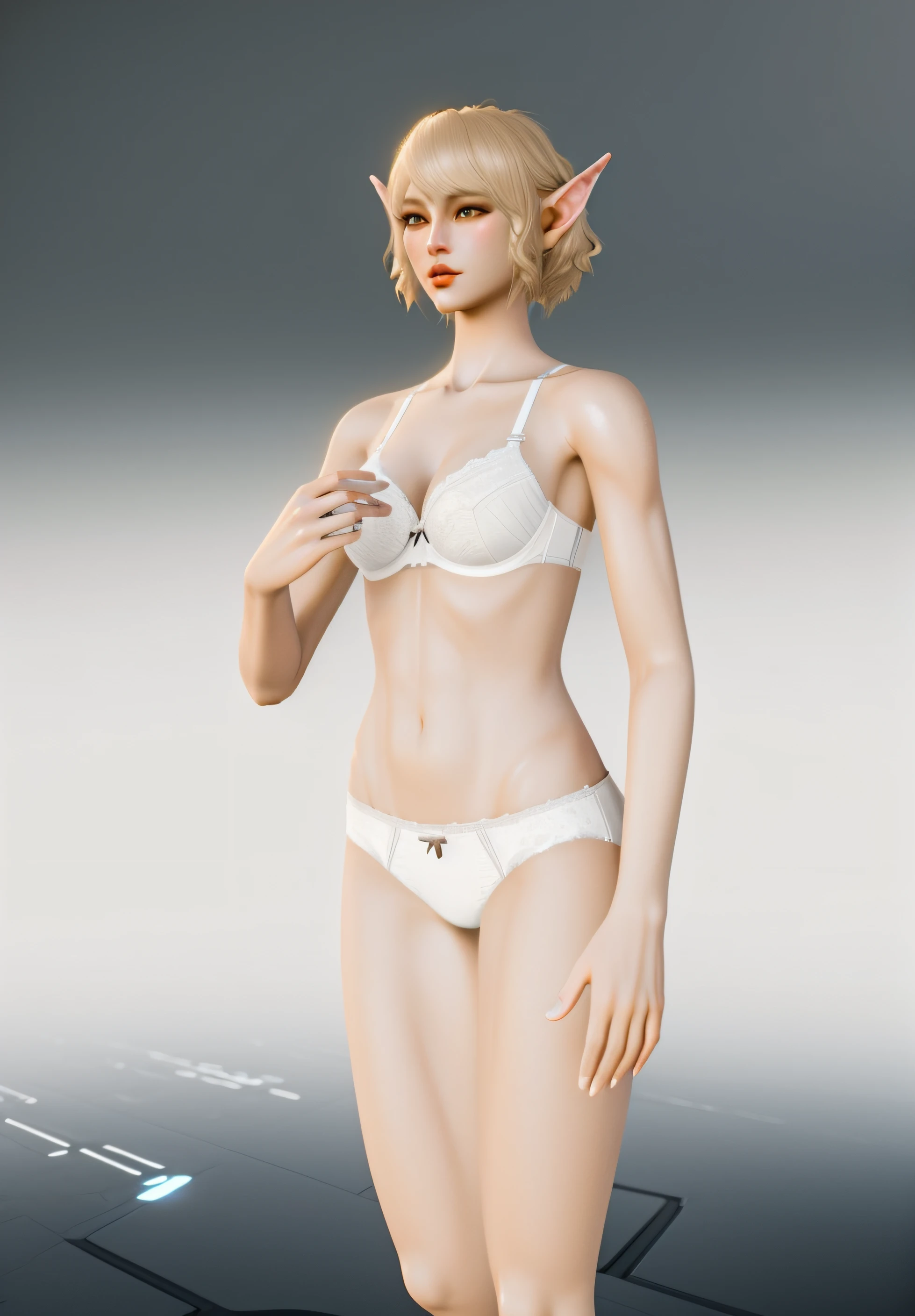 ((masterpiece, best quality)), Tall blonde Elven woman, white fancy bra, white high cut panties, in Sci-fi void, realistic 3D game model, intricate details