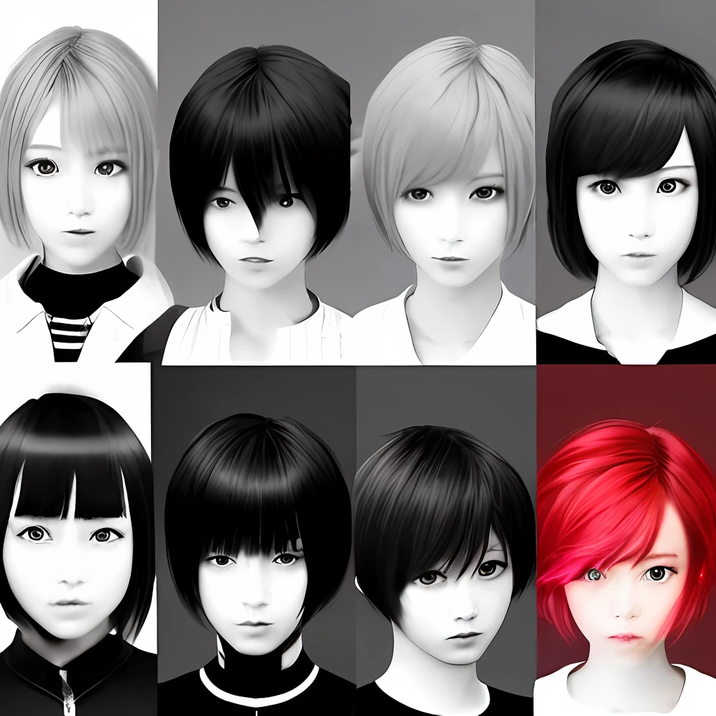 (Clothes in black and white color),Kizi,short detailed hair,black color hair,(slanted bangs),red color eyes,Pick dyeing