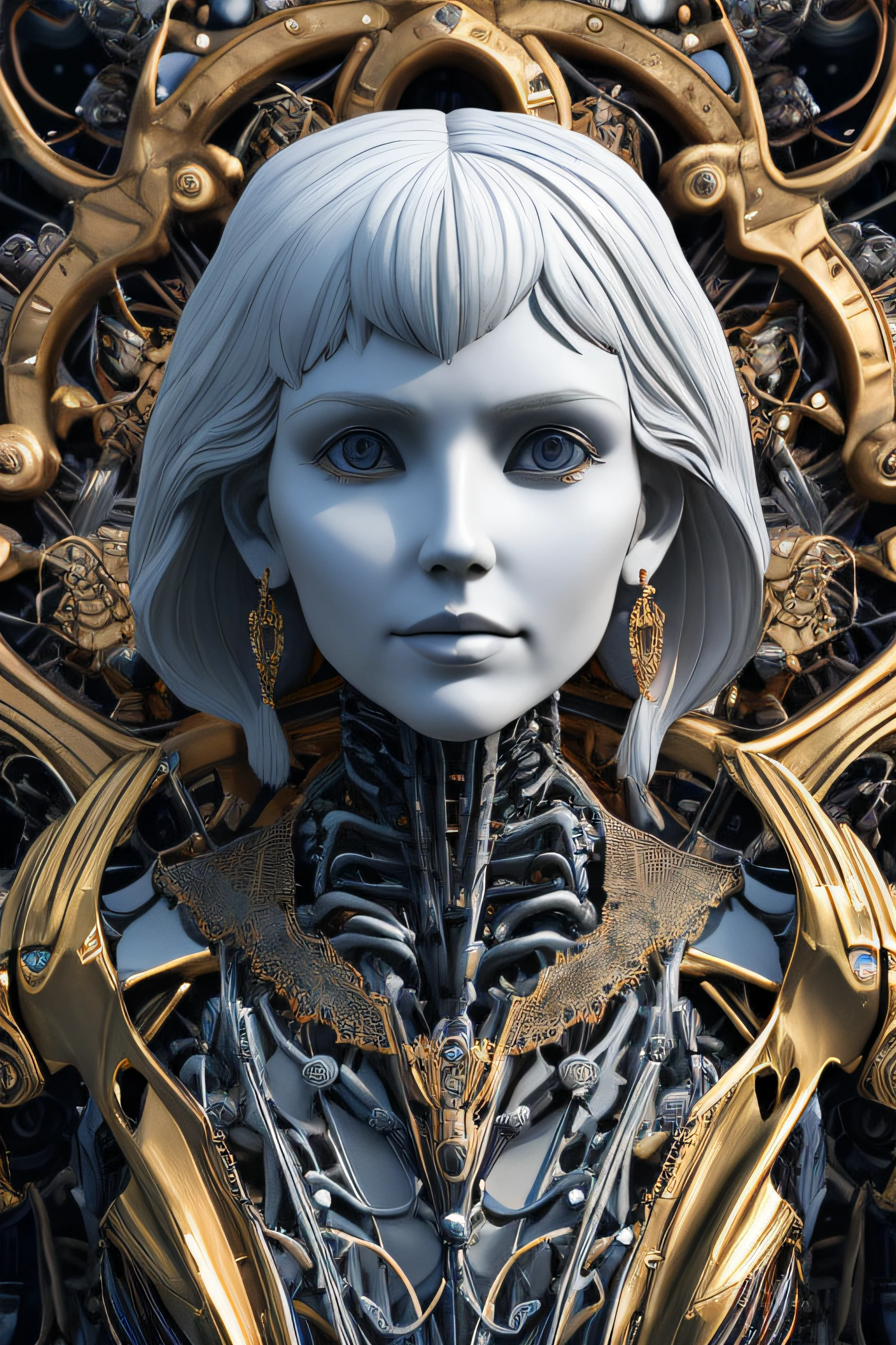 Intricate 3d rendering ultra-detailed beautiful angel of death, biomechanical robot, simulated 150mm lens, beautiful natural soft edge light, neon veins, roots, delicate leaf lace, colorful details, Boris Bidjan Saberi costume, pearl earrings, piercings, art nouveau fashion embroidery, intricate details, mesh lines, Mandelbrot fractals, facial muscles, cables, microchips, villains, surreal, ultra-detailed, octane, volumetric lighting, 8k and post-production, red The white has a little bit of black, Metal Skeleton Details, Half-Human, Iridescent, Glenn Brown Style, Futuristic Room, Power of God, High Angle Shot, Complex Body Poses