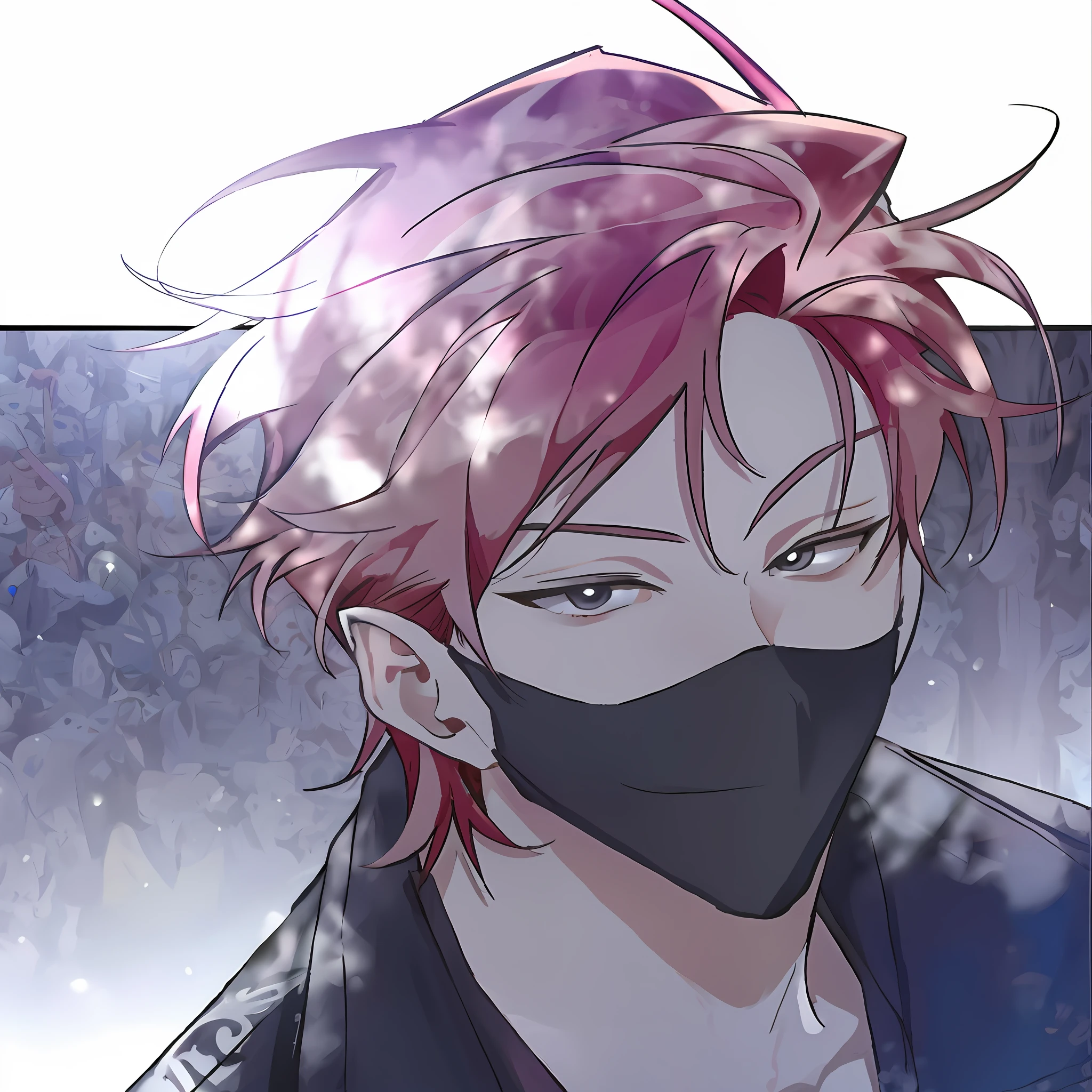 Anime image of a man with pink hair wearing a black mask, handsome guy in demon killer art, in an anime style, Wearing an all-black door wave mask, 8K!, demon slayer rui fanart, In anime style, With red hair, roguish smirk, inspired by Itō Ogura Yonesuke, Inspired by Bian Shoumin