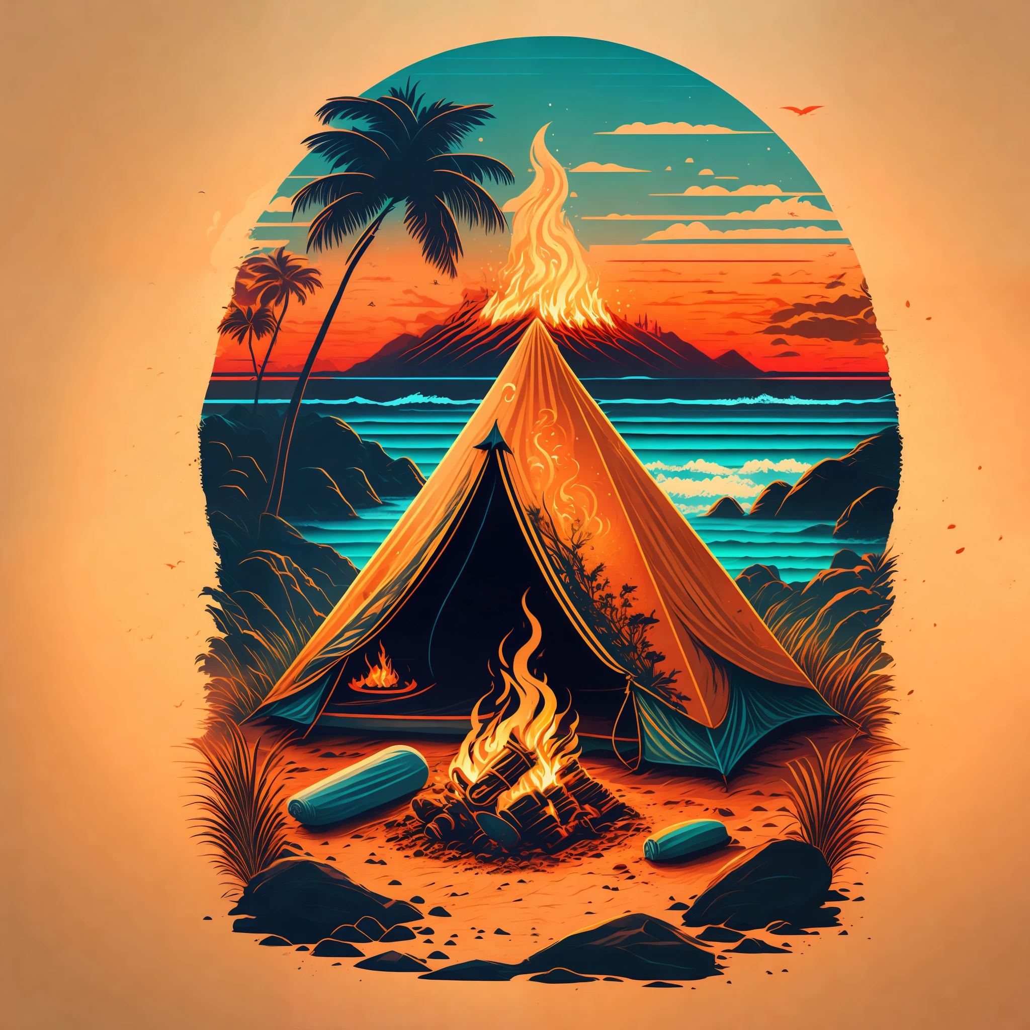 A camping tent and a pit fire in a beach in a summer landscape, T-shirt design, Midjourney, Vector Art, Hydro74