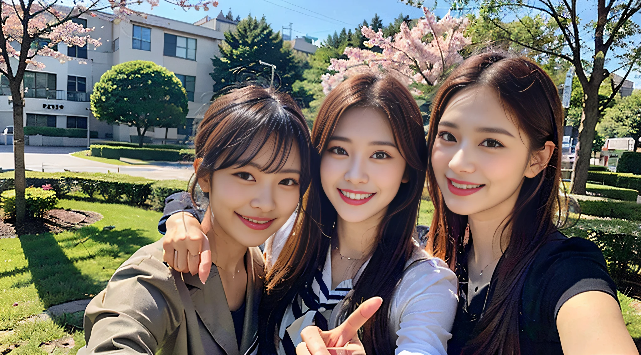 (8K,Raw photo、Raw photo、top-quality、Master masterpiece:1.2)、ultra-detailliert、Super Resolution、(Photorealsitic:1.5)、high resolution RAW color photos、professional photograpy、indirect lighting、Female proofreading of Japan from head to waist、Pointing your finger at the camera、Pointing a finger here、Blur the background、(Very beautiful and detailed night cherry blossom trees 1:1.37)((Beautiful night with a cherry blossom blizzard))、fullmoon、Very detailed and beautiful、Ultra-high image quality、Half-up hairstyle、Bun hair、poneyTail、High school girl in sailor suit、(Puffy cheeks)Detailed uniforms、Each face has its own distinctive features、Different face patterns、Farbe々Hairstyle、Brown hair fluttering in the night breeze、Hair swaying and sexy、Very detailed beautiful girl、(Pink Eye Shadow)、Red tie、Smiling smile、Pointing at the camera、Pointing