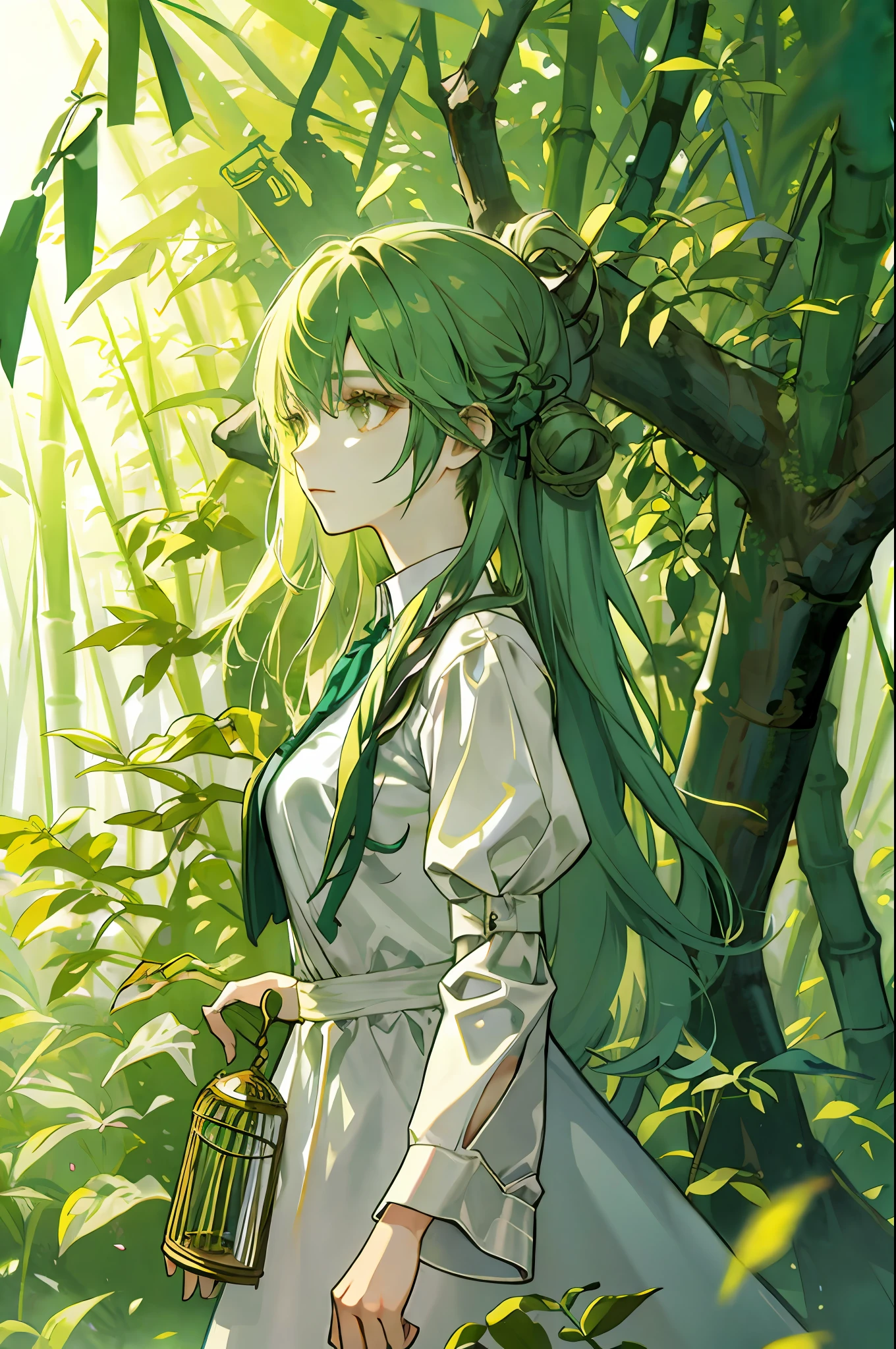 Grass and wood people，A small cage in the green forest，Tall bamboo groves，Under the light sunlight of the forest，Foggy，A mysterious woman dressed in a long white dress，Take a walk among the bamboo forests...