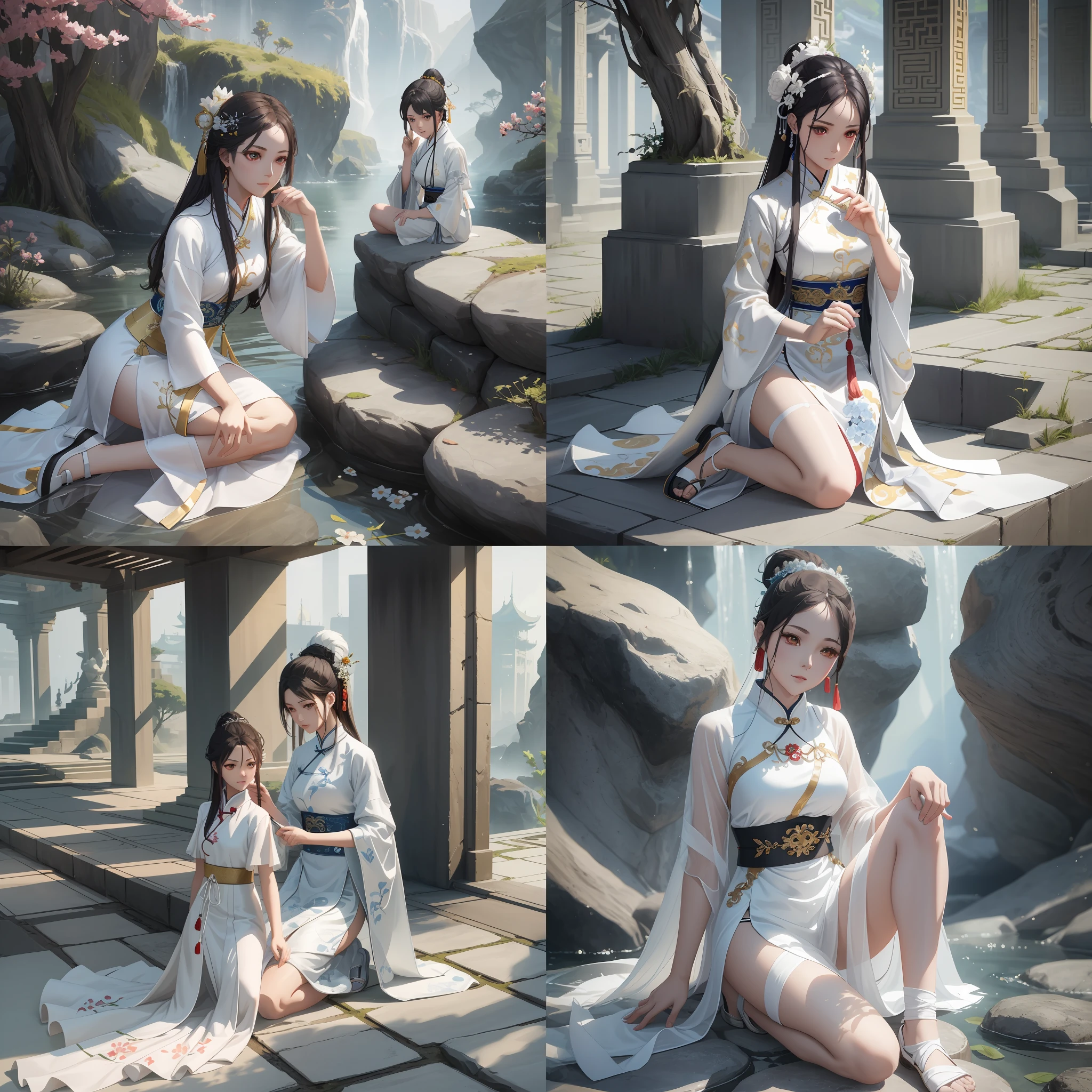 Several photos of women in white dresses sitting on stone benches, Palace , A girl in Hanfu, trending on cgstation, style of wlop, White Hanfu, Fantasy art style, Guviz-style artwork, 2. 5 D CGI anime fantasy artwork, wlop and ross thran, cgsociety and fenghua zhong