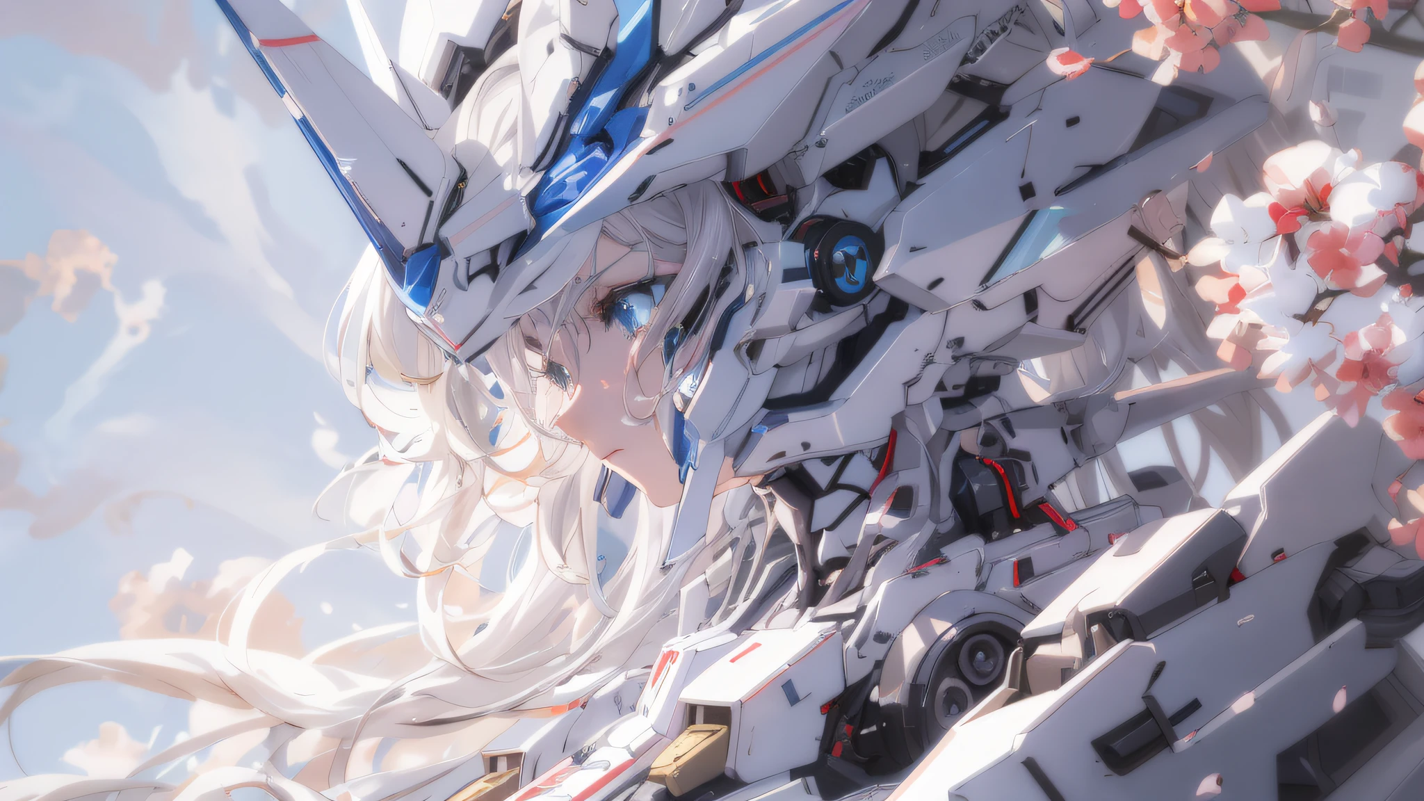 Anime girl with long white hair and blue and white robot, Best anime 4k konachan wallpaper, anime mecha aesthetic, Detailed digital anime art, mecha asthetic, modern mecha anime, detailed anime art, Detailed anime artwork, style of anime4 K, 4K anime wallpaper, Anime art wallpaper 4k, Anime art wallpaper 4 K