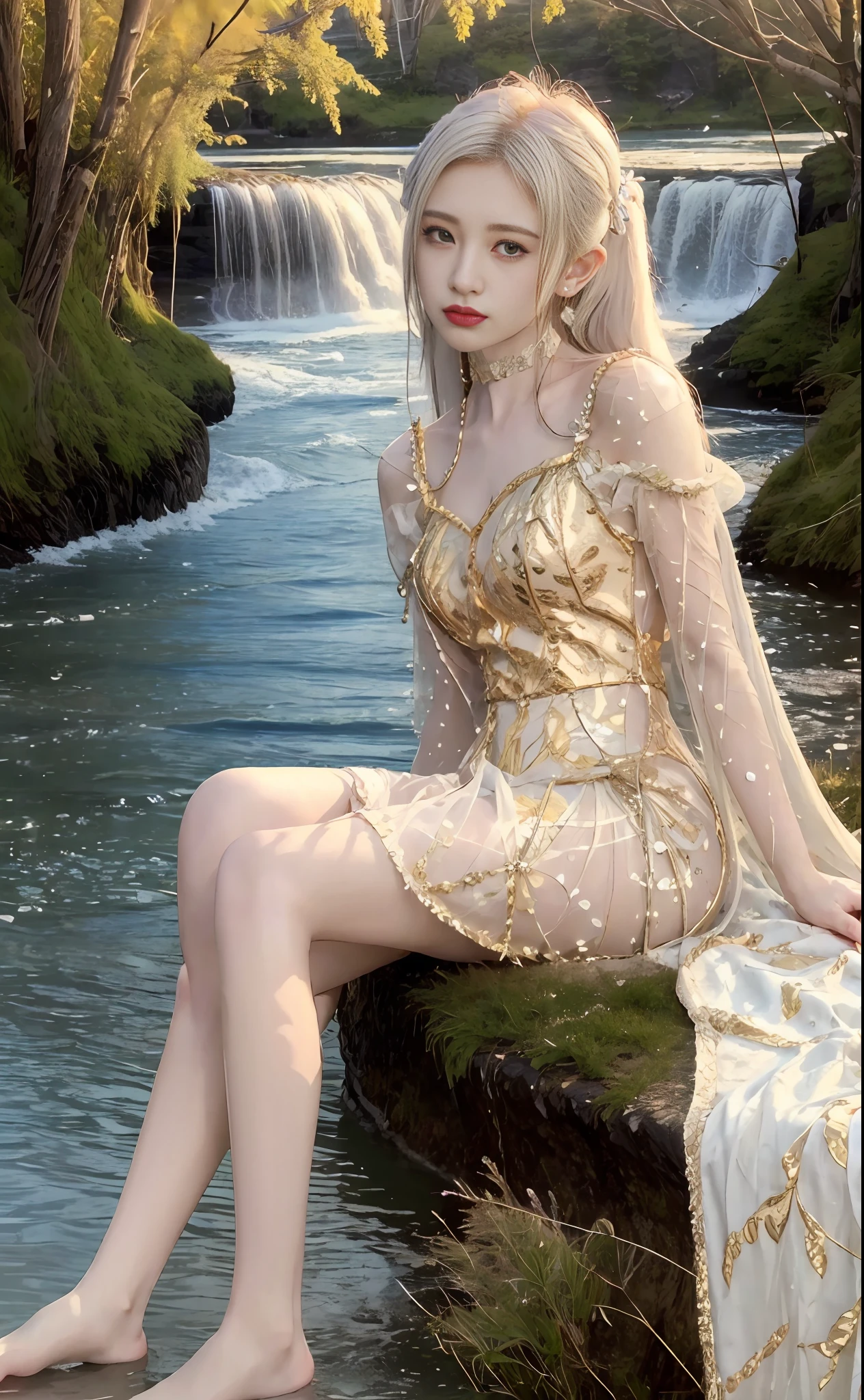 ((Masterpiece))), (Best Quality)), (Ultra Detailed), (Illustration), (Very Tasty and Beautiful), Dynamic, Floating, (Beautiful), (Light of Detail) 1 Girl, Pointy, Long Hair, Water, Solo, Elf, Seated, Half, White Hair, Chain, Green Eyes, Toeless Legs, Barefoot, Jewelry, Viewer, Feathers, Leaves, Nature, (Sunlight), River, (Forest), (Painting), (Sketch), (Blossom), (Portrait: 1.2), (Butterfly: 1.2), (Tindale effect), obscure, Hanfu